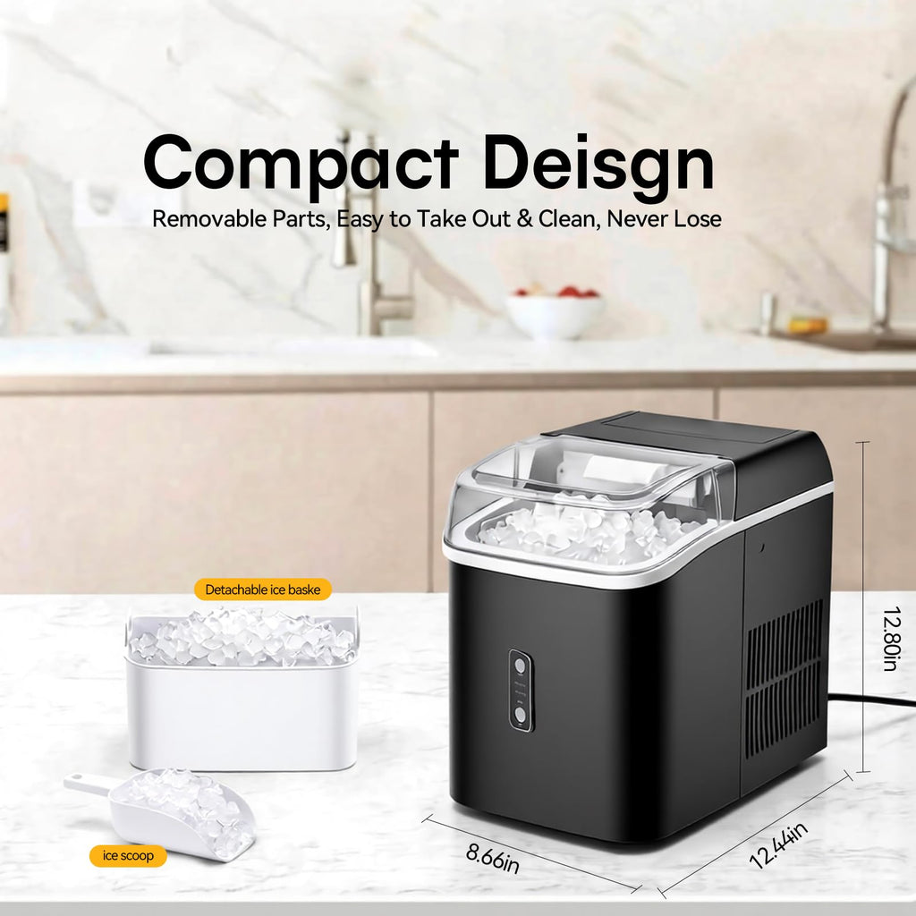 Nugget Ice Makers Countertop, Portable Nugget Ice Machine, Ready in 6 Mins, 24lbs in 24Hrs, Auto-Cleaning, with Basket and Scoop, for Home, Kitchen, RV, Camping, Black