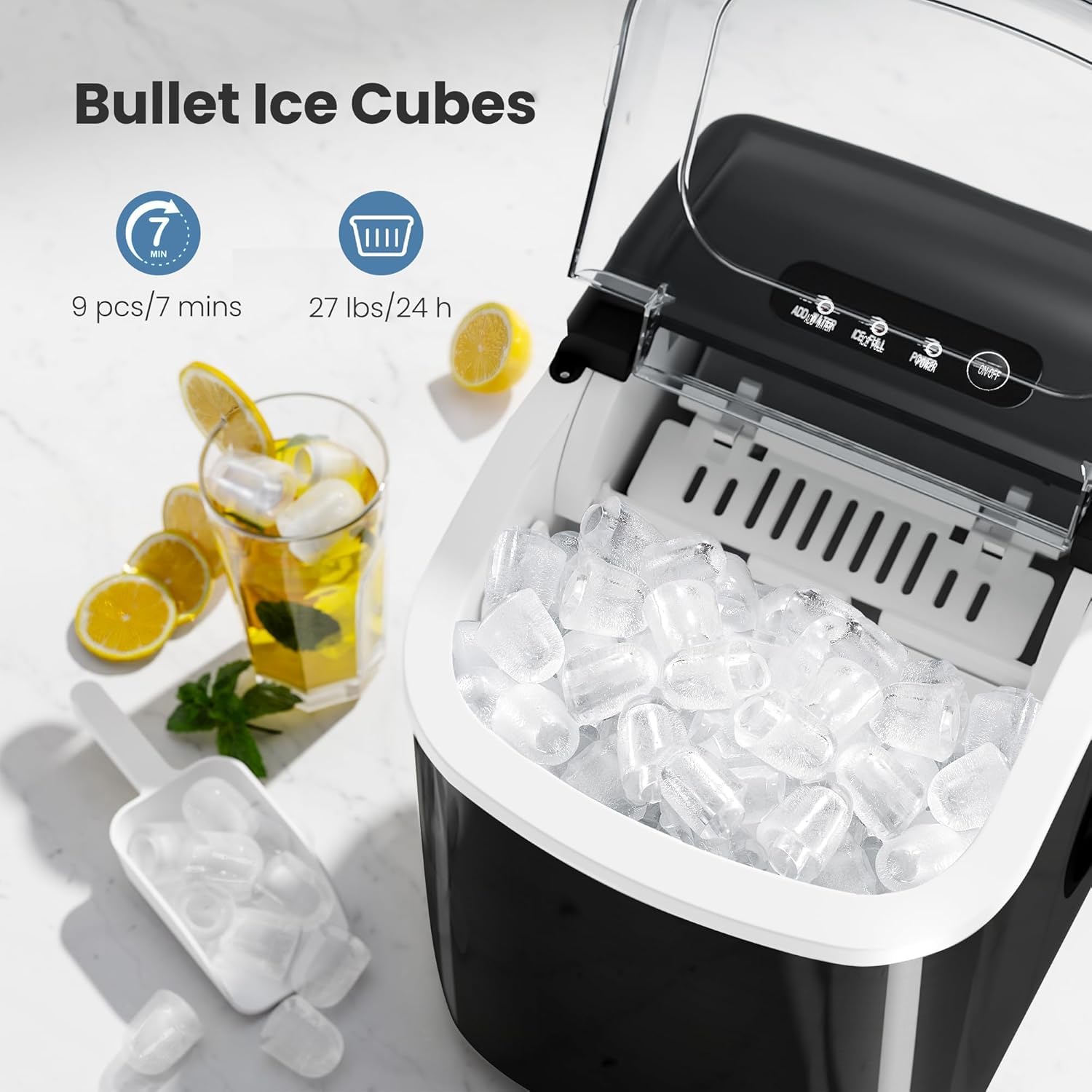 Ice Makers Countertop with Handle, 2 Sizes of Ice, 9 Bullet Ice Cubes in 6 Mins, 26Lbs/24H, Portable Ice Maker with Self-Cleaning, Ice Machine for Home&Kitchen&Office&Party