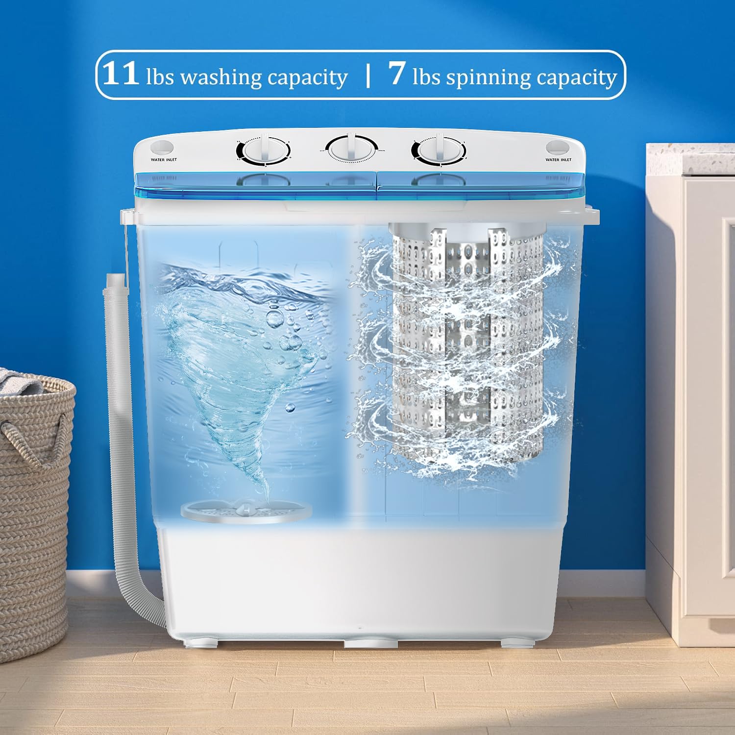 Portable Twin Tub 18lbs Washing Machine with Drying Rack and 10 Hangers, 11lbs Washer Mini Compact Laundry Machine with 7lbs Spinner, Semi-automatic Washer Combo for Dorms, Apartment