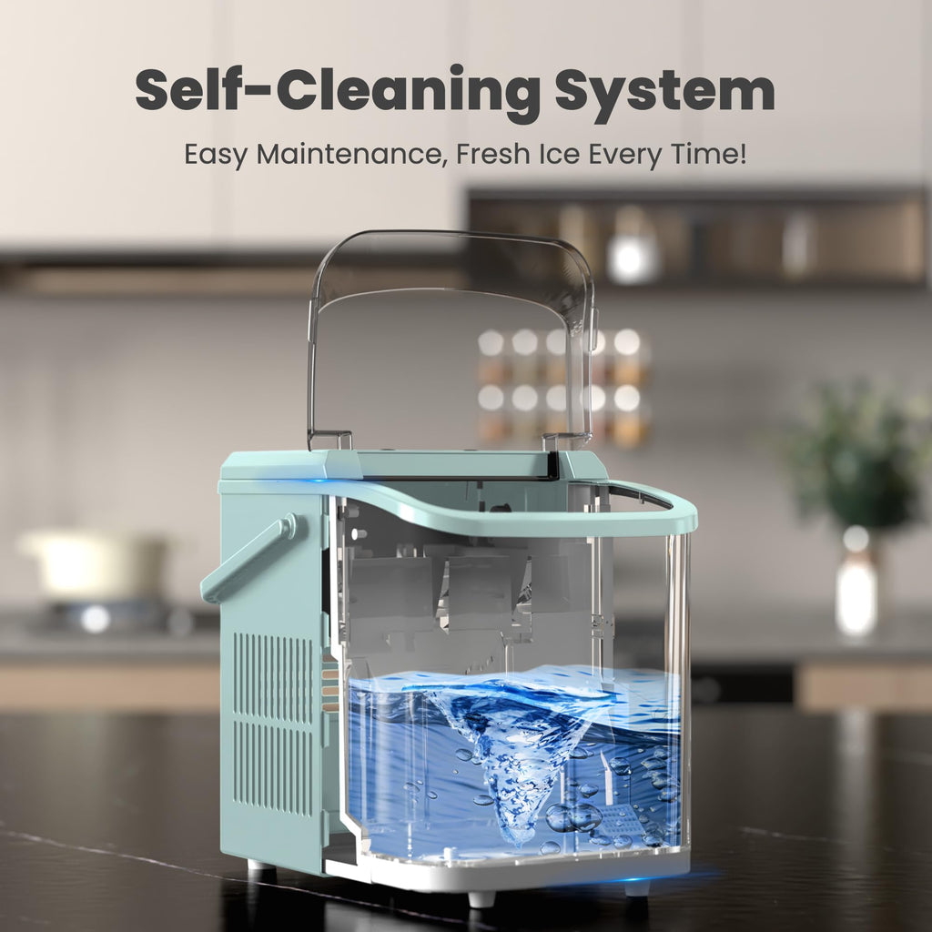 Countertop Ice Maker with Handle, 26lbs/24H Portable Ice Machine, 9 Bullet Cubes Ready in 6 Mins, Self-Cleaning, Quiet Compact for Home, Kitchen, RV, Camping,