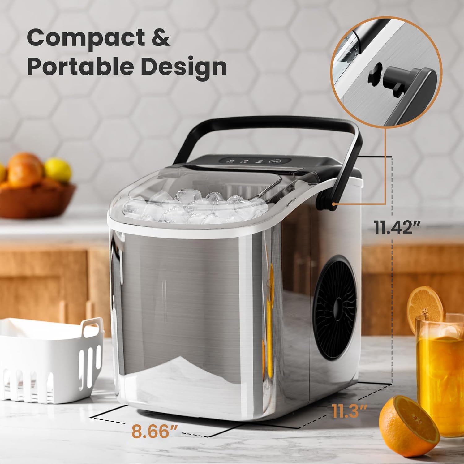 Ice Makers Countertop with Handle, 2 Sizes of Ice, 9 Bullet Ice Cubes in 6 Mins, 26Lbs/24H, Portable Ice Maker with Self-Cleaning, Ice Machine for Home&Kitchen&Office&Party