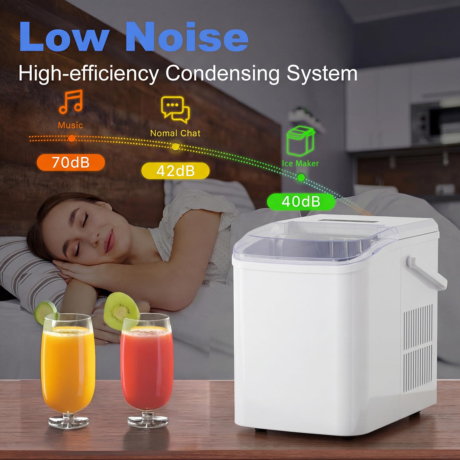 Ice Makers Countertop with Handle, Portable Ice Machine, 9 Bullet Cubes in 6 Mins, 26lbs in 24Hrs, Auto-Cleaning, with Basket and Scoop, for Home, Kitchen, RV, Camping,