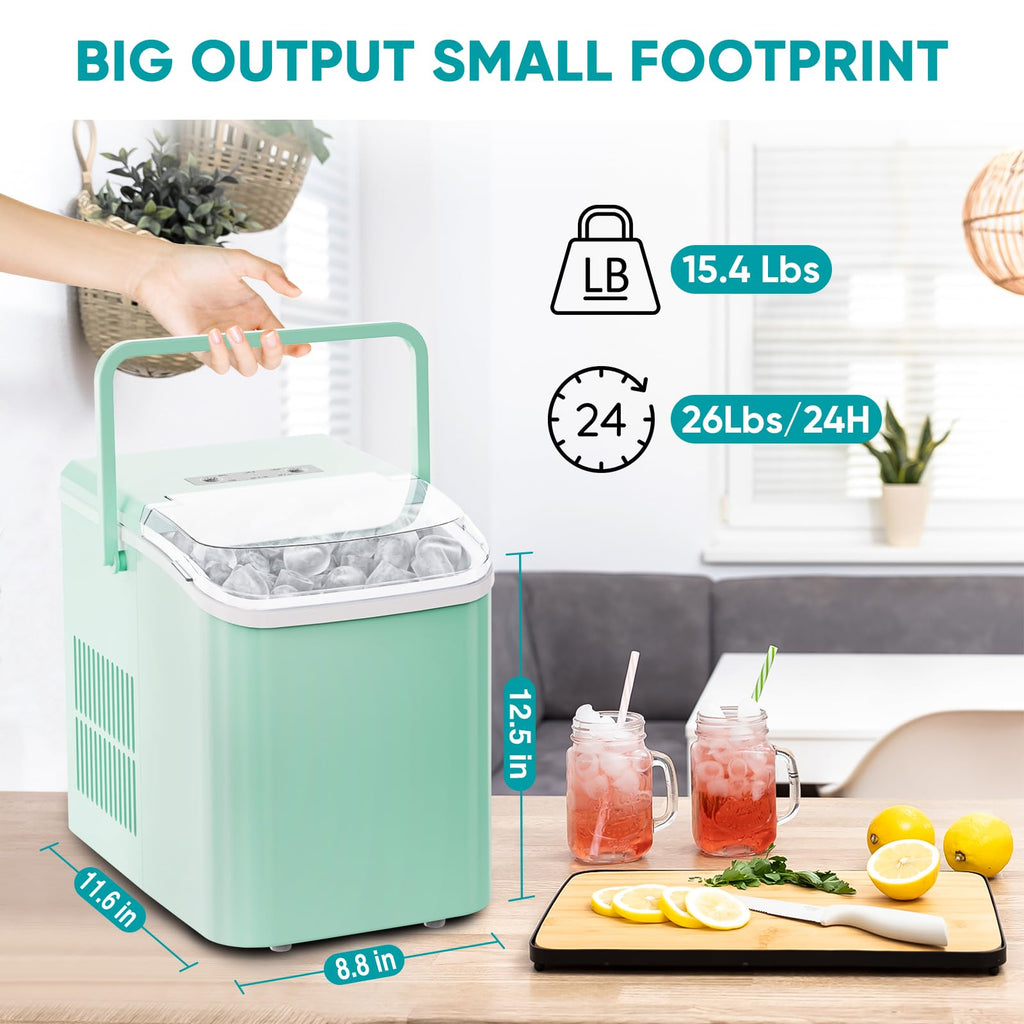 Ice Makers Countertop with Handle, Portable Ice Machine, 9 Bullet Cubes in 6 Mins, 26lbs in 24Hrs, Auto-Cleaning, with Basket and Scoop, for Home, Kitchen, RV, Camping,