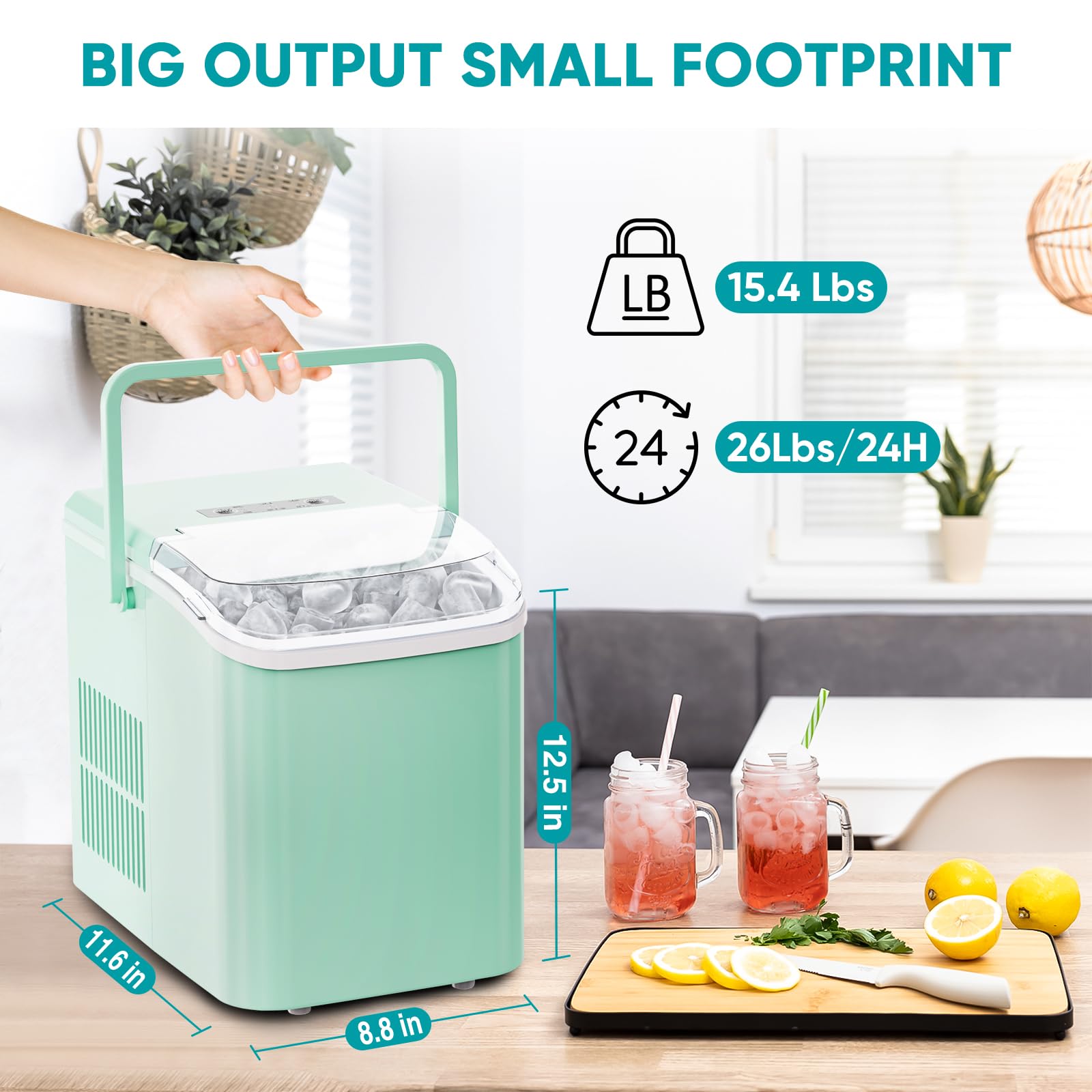 Ice Makers Countertop with Handle, Portable Ice Machine, 9 Bullet Cubes in 6 Mins, 26lbs in 24Hrs, Auto-Cleaning, with Basket and Scoop, for Home, Kitchen, RV, Camping,