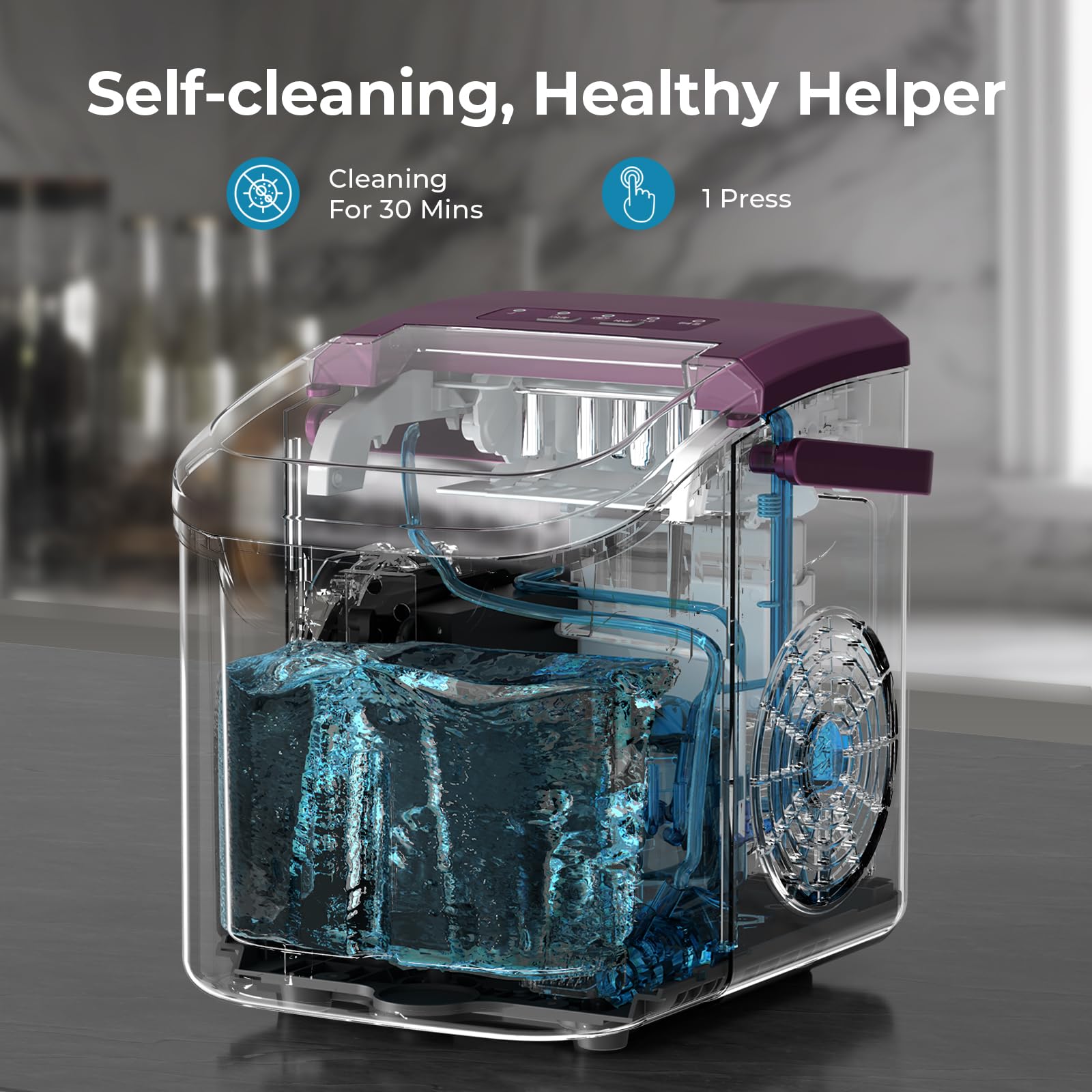 Ice Maker Machine, 8 Ice Cubes in 6 mins, 26lb/Day Bullet Ice with 2 Sizes- Portable Mini, Energy Saving & Basket/Scoop for Home/Party/Travel/Camping/Bar,Grey