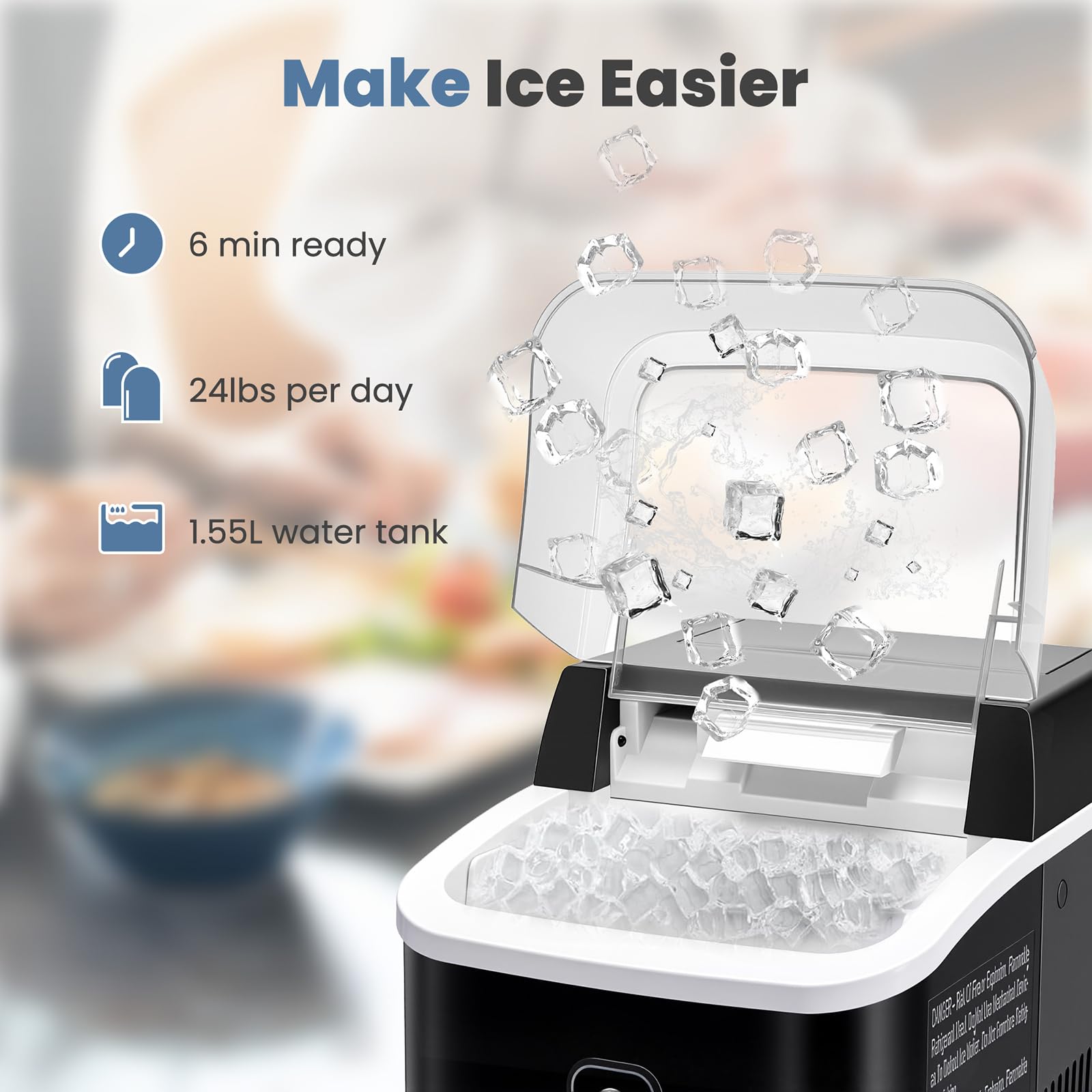 Countertop Ice Maker with Handle, 26lbs/24H Portable Ice Machine, 9 Bullet Cubes Ready in 6 Mins, Self-Cleaning, Quiet Compact for Home, Kitchen, RV, Camping,