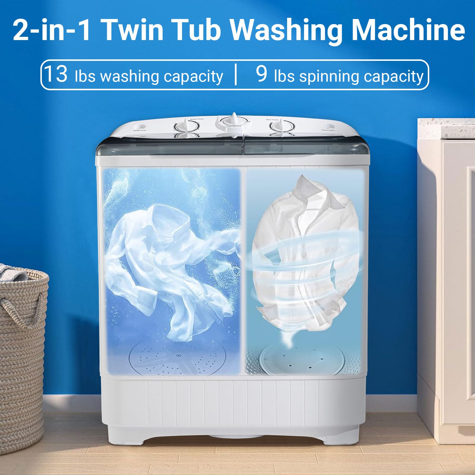 Portable Twin Tub 18lbs Washing Machine with Drying Rack and 10 Hangers, 11lbs Washer Mini Compact Laundry Machine with 7lbs Spinner, Semi-automatic Washer Combo for Dorms, Apartment