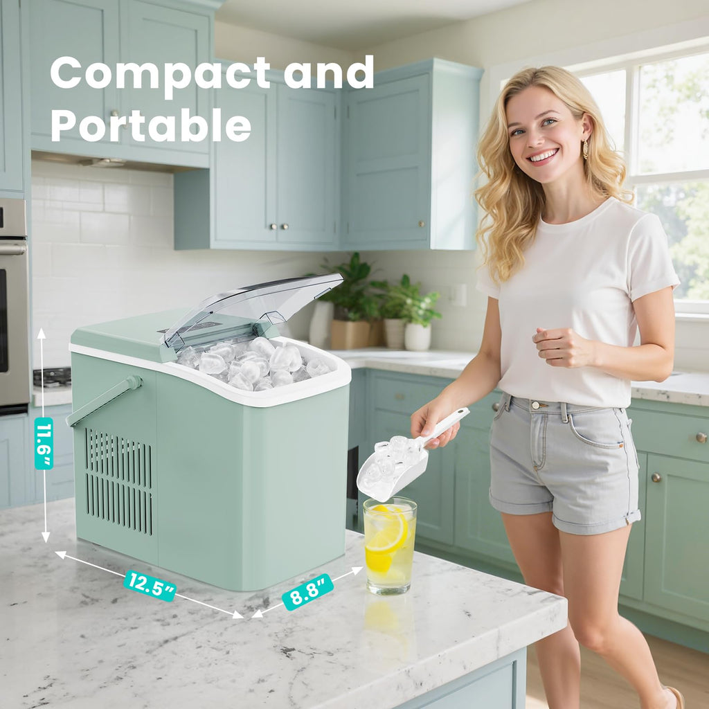 Ice Maker Machine with Handle,26lbs in 24Hrs,9 Ice Cubes in 6 Mins,Auto-Cleaning Portable Ice Maker with Basket and Scoop, Countertop Ice Maker for Home/Kitchen/Camping/RV