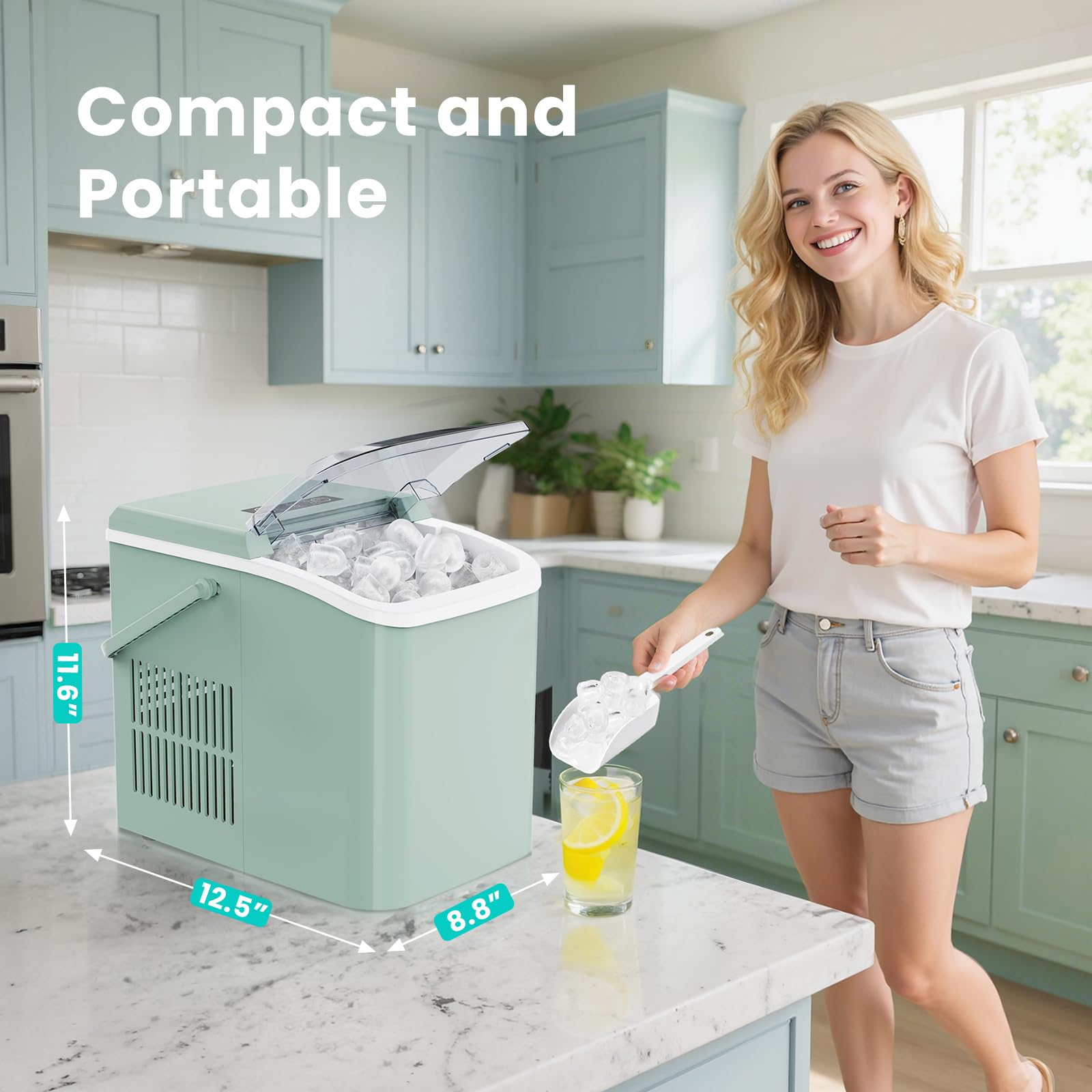 Ice Maker Machine with Handle,26lbs in 24Hrs,9 Ice Cubes in 6 Mins,Auto-Cleaning Portable Ice Maker with Basket and Scoop, Countertop Ice Maker for Home/Kitchen/Camping/RV