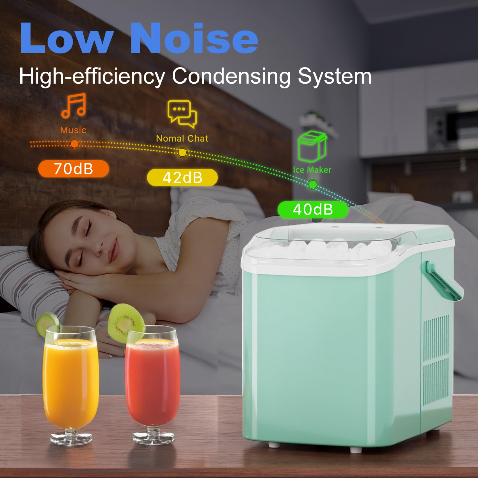 Ice Makers Countertop with Handle, Portable Ice Machine, 9 Bullet Cubes in 6 Mins, 26lbs in 24Hrs, Auto-Cleaning, with Basket and Scoop, for Home, Kitchen, RV, Camping,