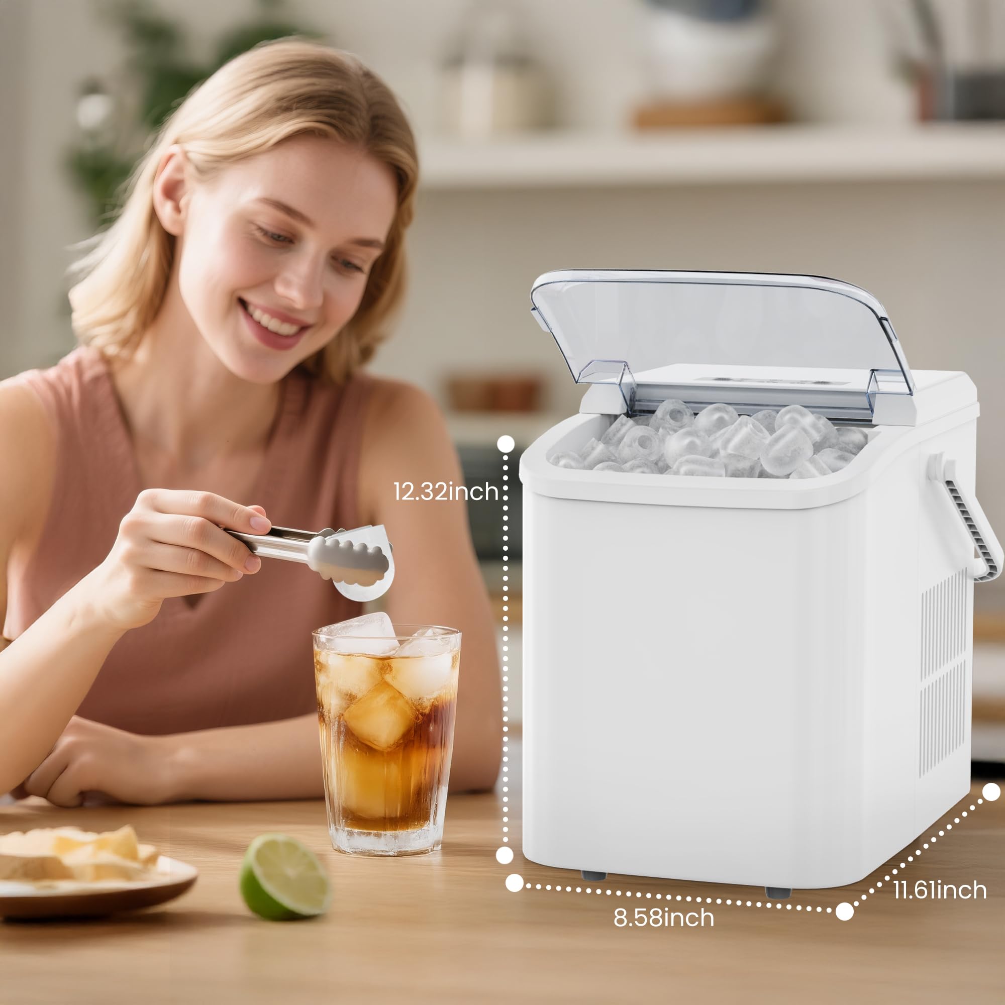 Countertop Ice Maker with Handle, 26lbs/24H Portable Ice Machine, 9 Bullet Ice Cubes Ready in 6 Mins, Self-Cleaning, Quiet Compact Ice Maker for Home, Kitchen, RV, Camping