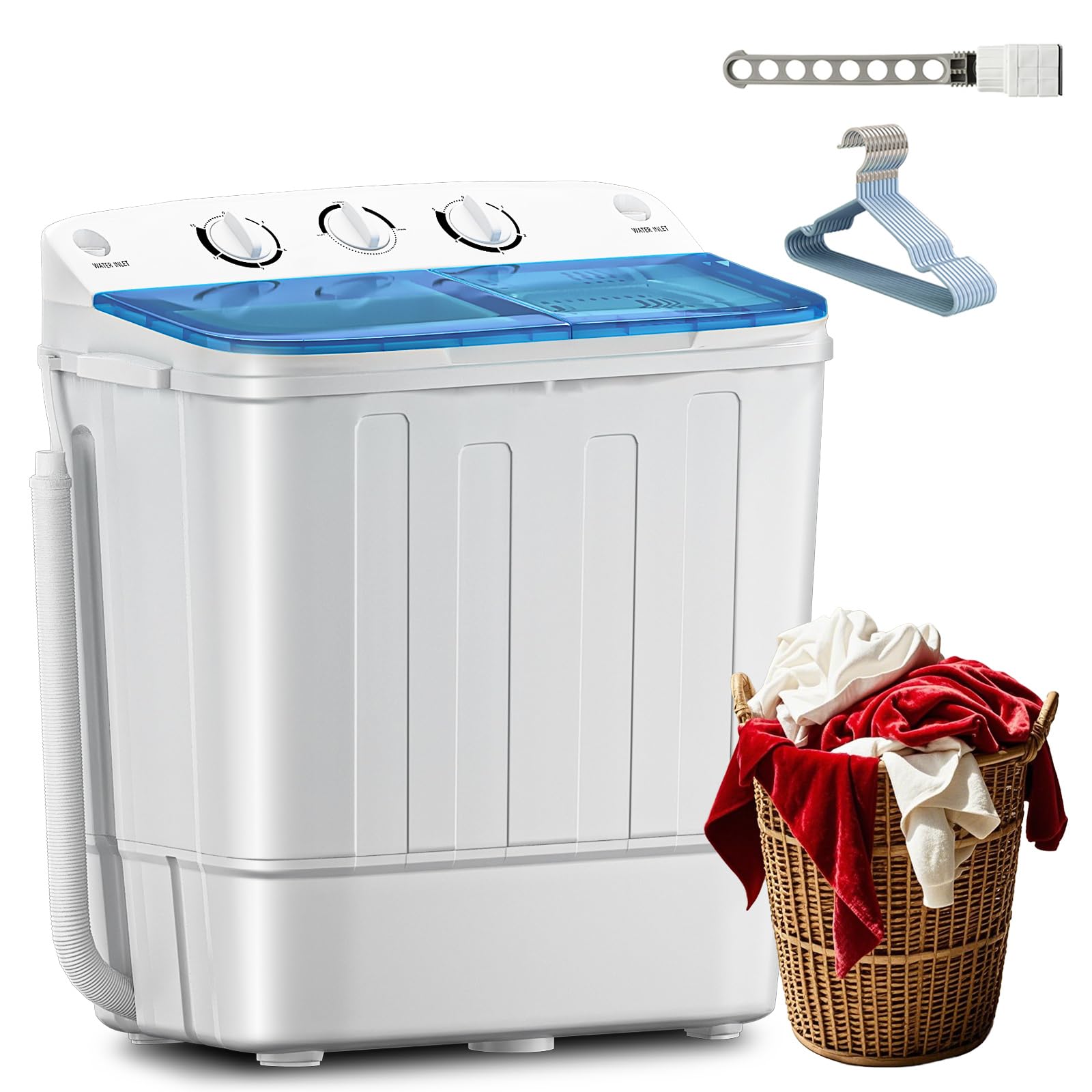 Portable Twin Tub 18lbs Washing Machine with Drying Rack and 10 Hangers, 11lbs Washer Mini Compact Laundry Machine with 7lbs Spinner, Semi-automatic Washer Combo for Dorms, Apartment
