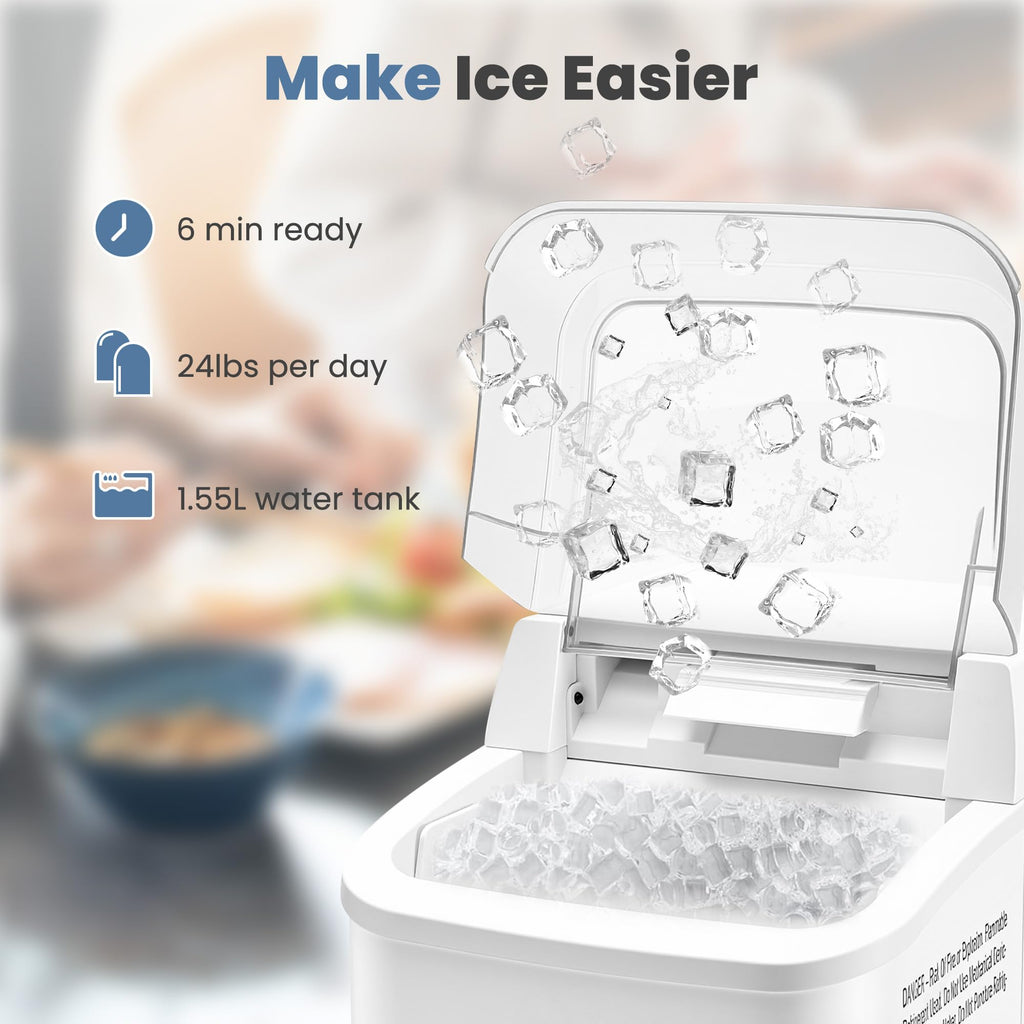 Countertop Ice Maker with Handle, 26lbs/24H Portable Ice Machine, 9 Bullet Cubes Ready in 6 Mins, Self-Cleaning, Quiet Compact for Home, Kitchen, RV, Camping,
