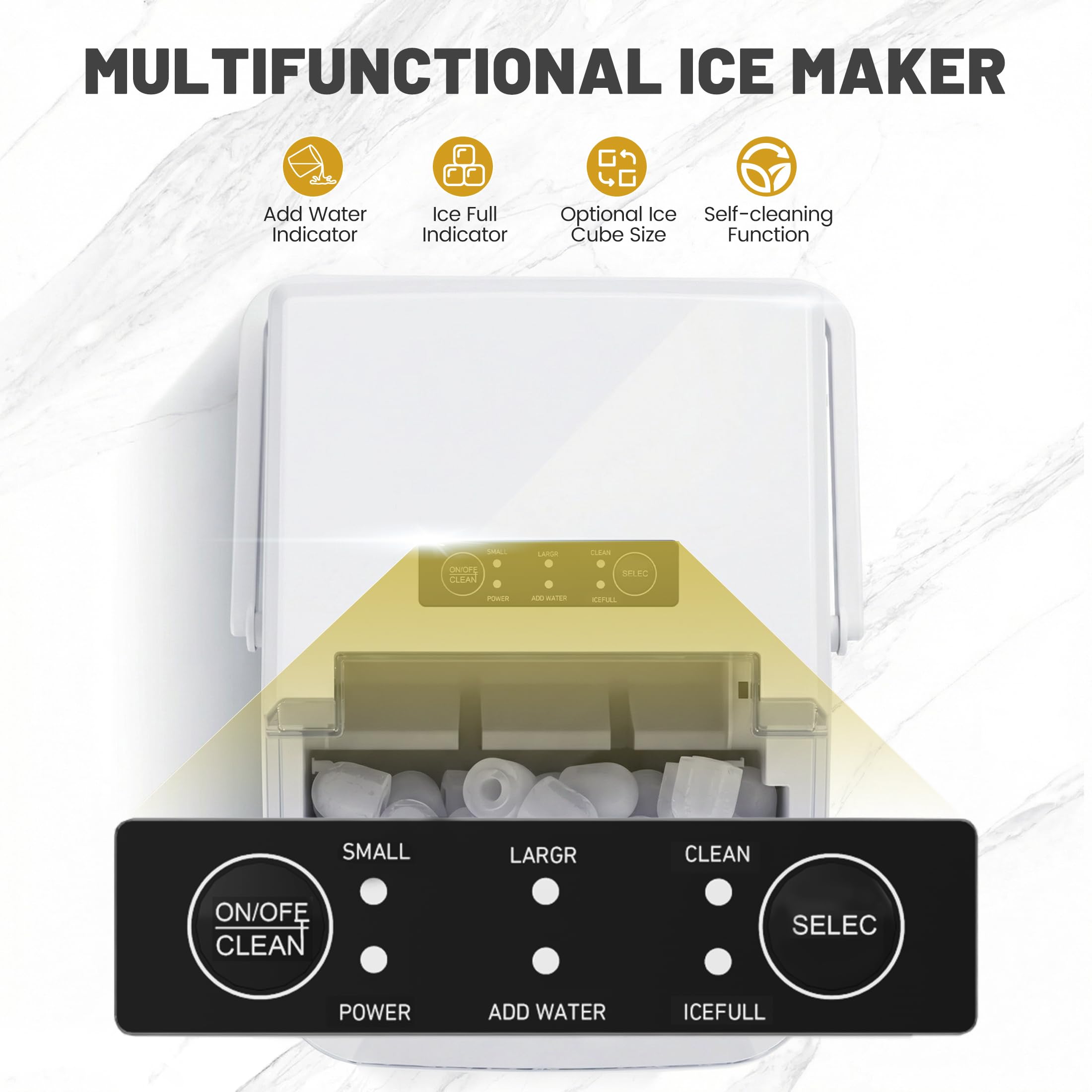 Ice Makers Countertop with Handle, Portable Ice Machine, 9 Bullet Cubes in 6 Mins, 26lbs in 24Hrs, Auto-Cleaning, with Basket and Scoop, for Home, Kitchen, RV, Camping,