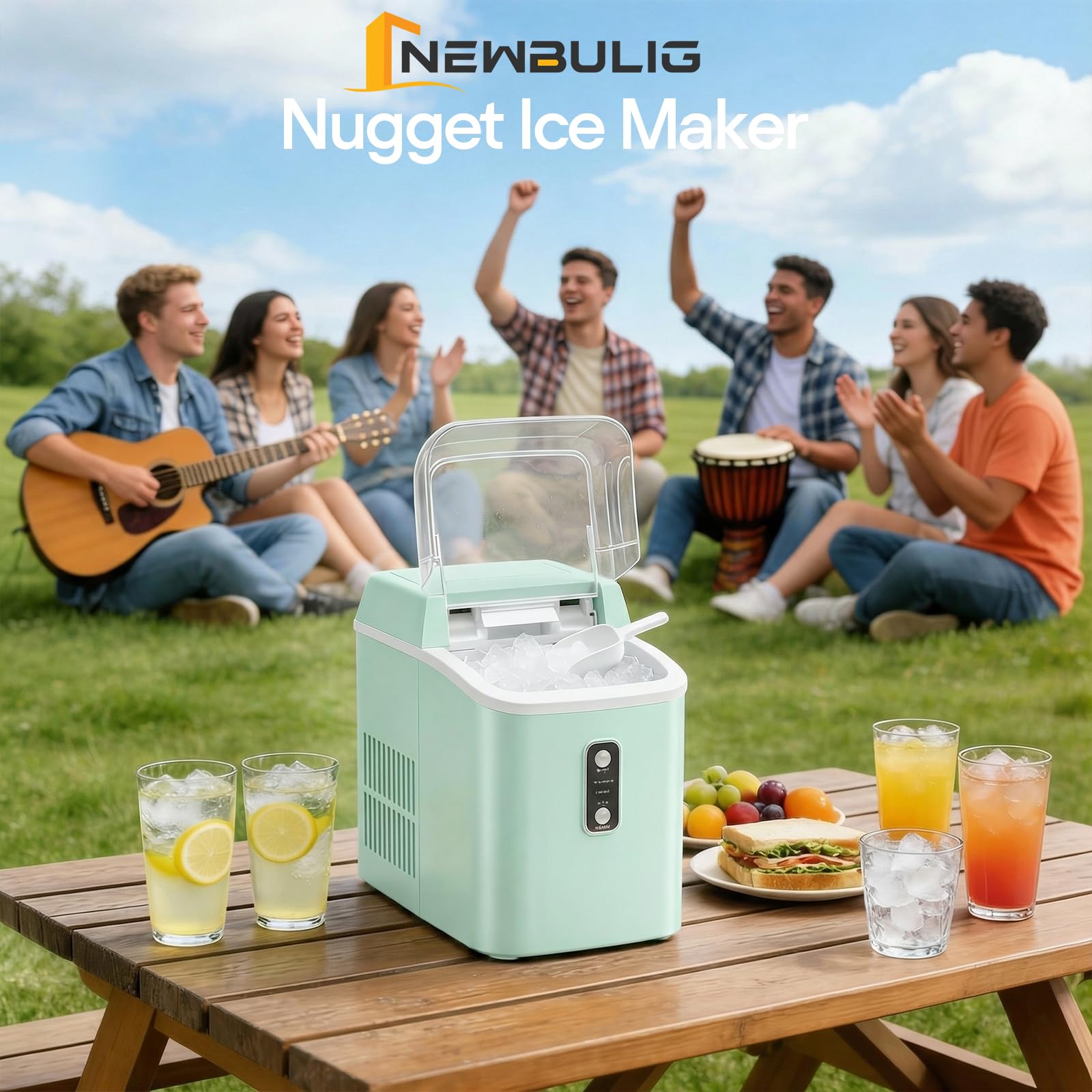 Nugget Ice Makers Countertop, Portable Nugget Ice Machine, Ready in 6 Mins, 24lbs in 24Hrs, Auto-Cleaning, with Basket and Scoop, for Home, Kitchen, RV, Camping, Black