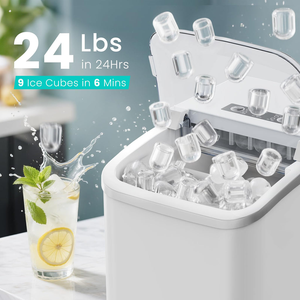 Ice Maker Machine with Handle,26lbs in 24Hrs,9 Ice Cubes in 6 Mins,Auto-Cleaning Portable Ice Maker with Basket and Scoop, Countertop Ice Maker for Home/Kitchen/Camping/RV