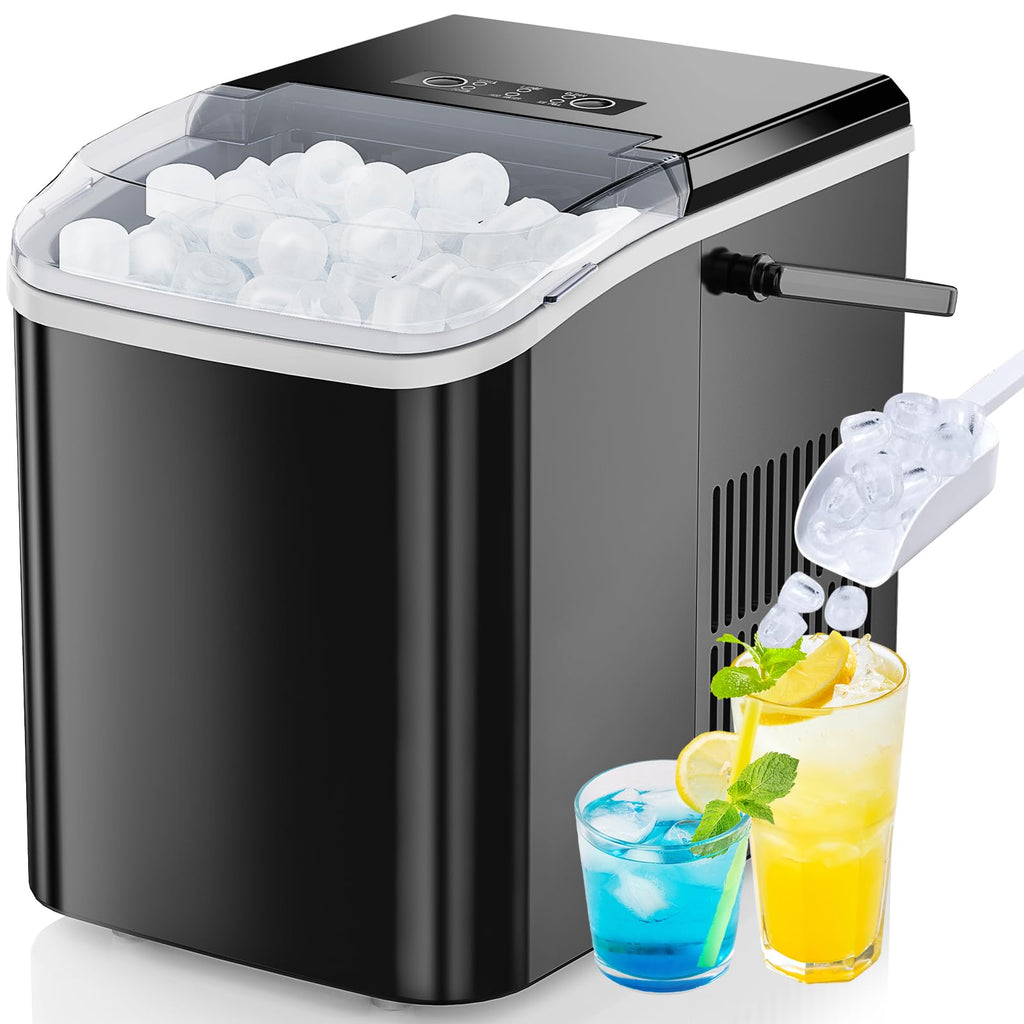 Countertop Ice Maker with Handle, 26lbs/24H Portable Ice Machine, 9 Bullet Cubes Ready in 6 Mins, Self-Cleaning, Quiet Compact for Home, Kitchen, RV, Camping,