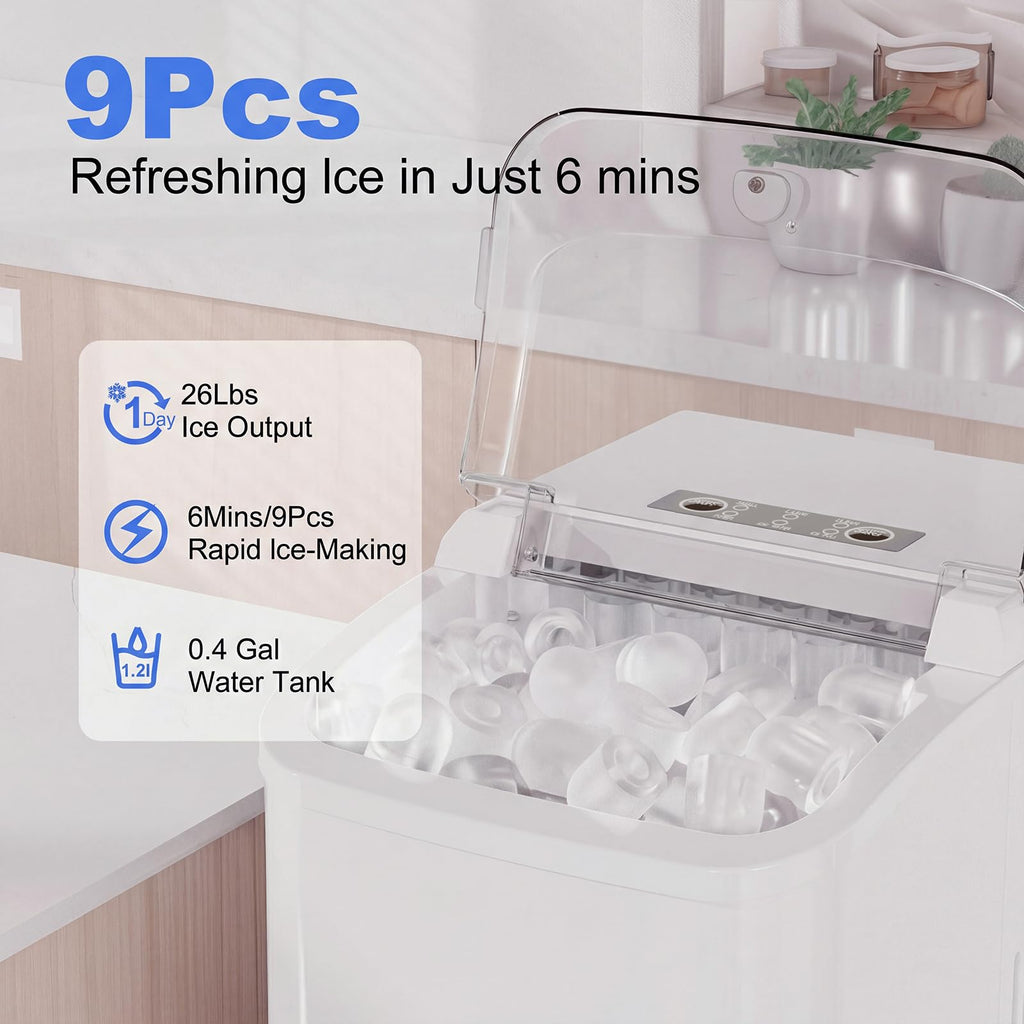 Ice Makers Countertop with Handle, Portable Ice Machine, 9 Bullet Cubes in 6 Mins, 26lbs in 24Hrs, Auto-Cleaning, with Basket and Scoop, for Home, Kitchen, RV, Camping,