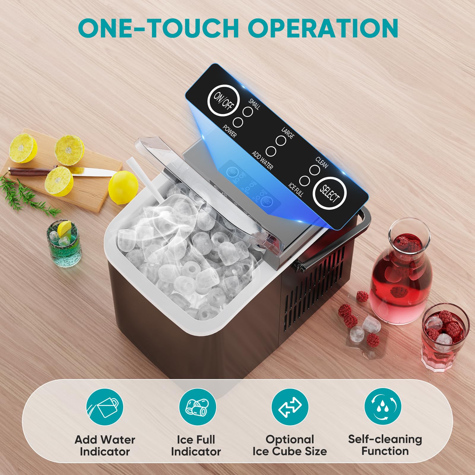 Ice Makers Countertop with Handle, Portable Ice Machine, 9 Bullet Cubes in 6 Mins, 26lbs in 24Hrs, Auto-Cleaning, with Basket and Scoop, for Home, Kitchen, RV, Camping,