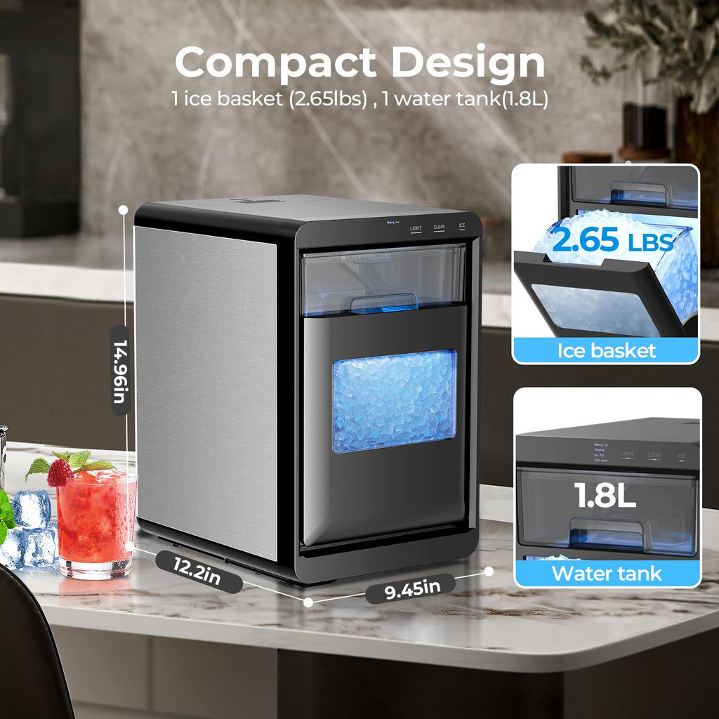 Ice Maker Machine, 8 Ice Cubes in 6 mins, 26lb/Day Bullet Ice with 2 Sizes- Portable Mini, Energy Saving & Basket/Scoop for Home/Party/Travel/Camping/Bar,Grey