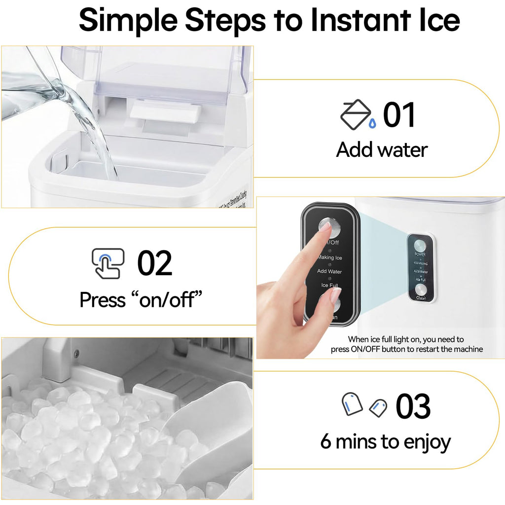 Nugget Ice Makers Countertop, Portable Nugget Ice Machine, Ready in 6 Mins, 24lbs in 24Hrs, Auto-Cleaning, with Basket and Scoop, for Home, Kitchen, RV, Camping, Black