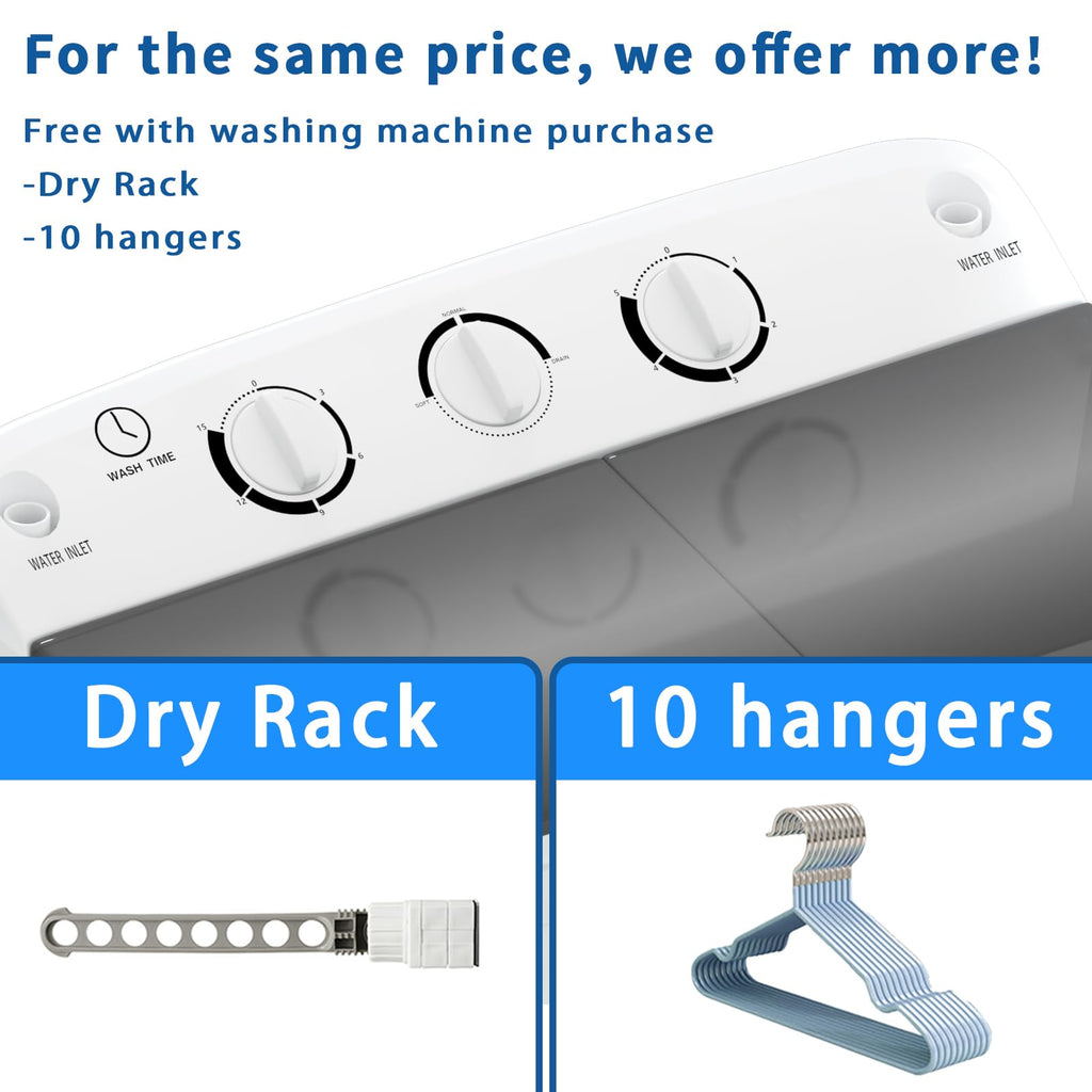 Portable Twin Tub 18lbs Washing Machine with Drying Rack and 10 Hangers, 11lbs Washer Mini Compact Laundry Machine with 7lbs Spinner, Semi-automatic Washer Combo for Dorms, Apartment