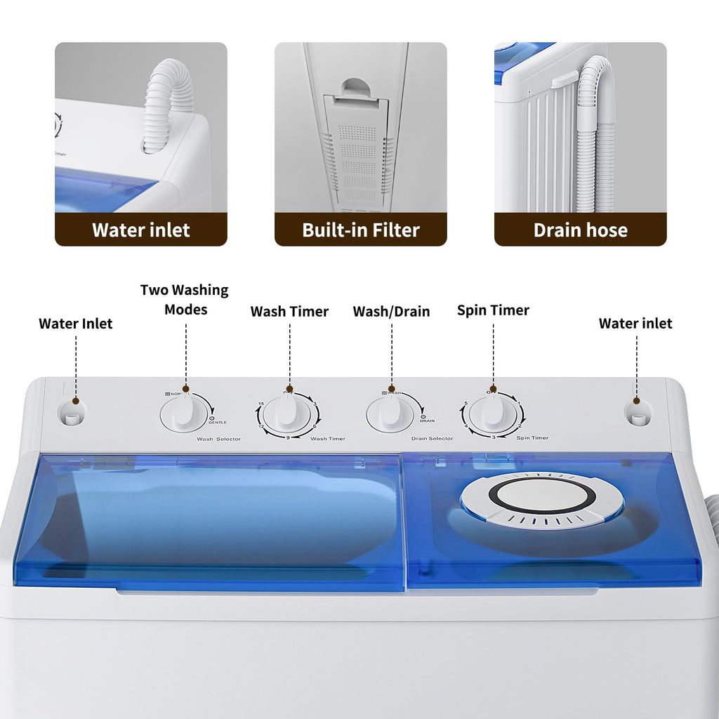 Portable Washing Machine, Twin Tub Washing Machine Laundry Compact Washer spinner Combo with 14lbs capacity, 9Lbs Washer and 5Lbs Spinner dryer for Apartments RVs and Dorms