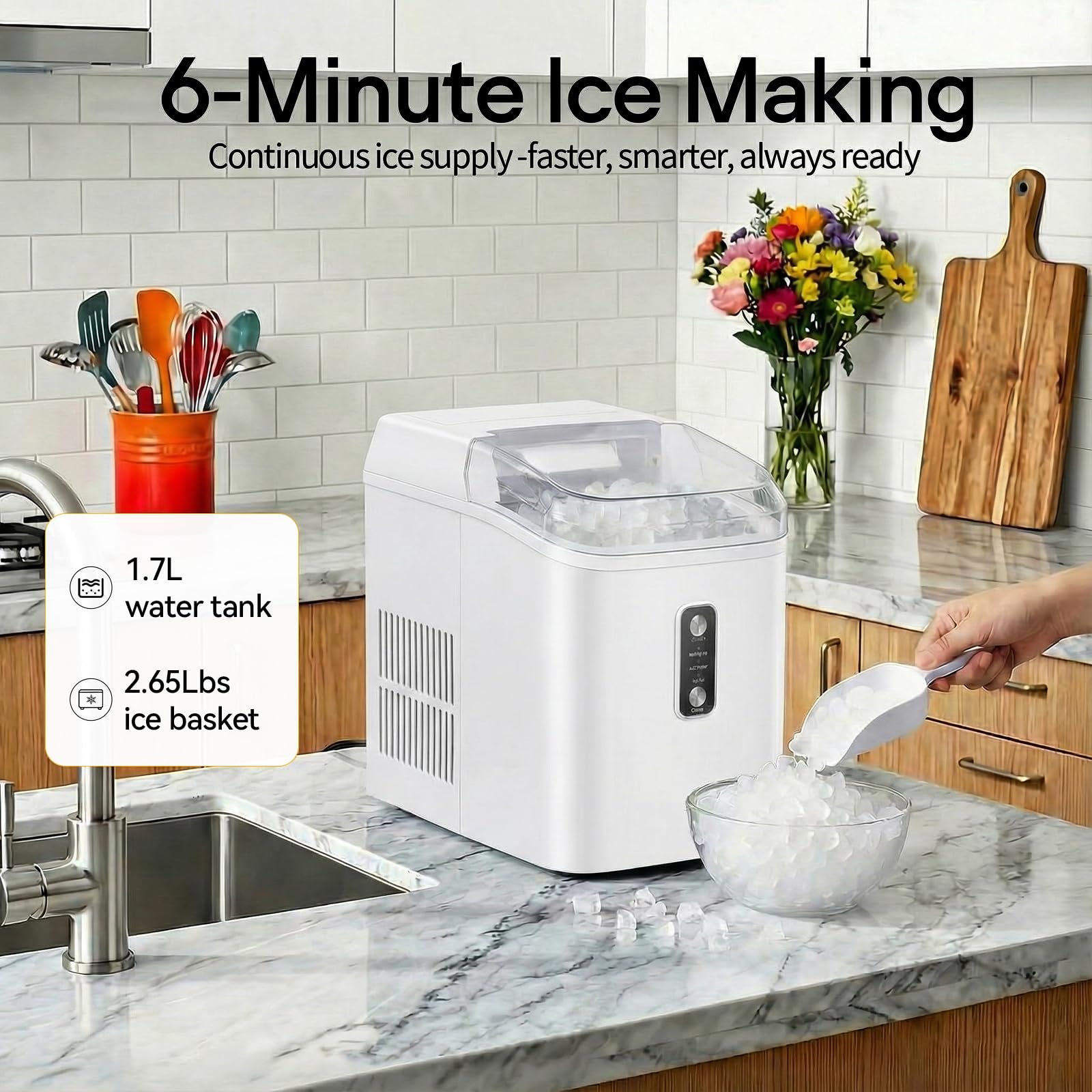 Nugget Ice Makers Countertop, Portable Nugget Ice Machine, Ready in 6 Mins, 24lbs in 24Hrs, Auto-Cleaning, with Basket and Scoop, for Home, Kitchen, RV, Camping, Black
