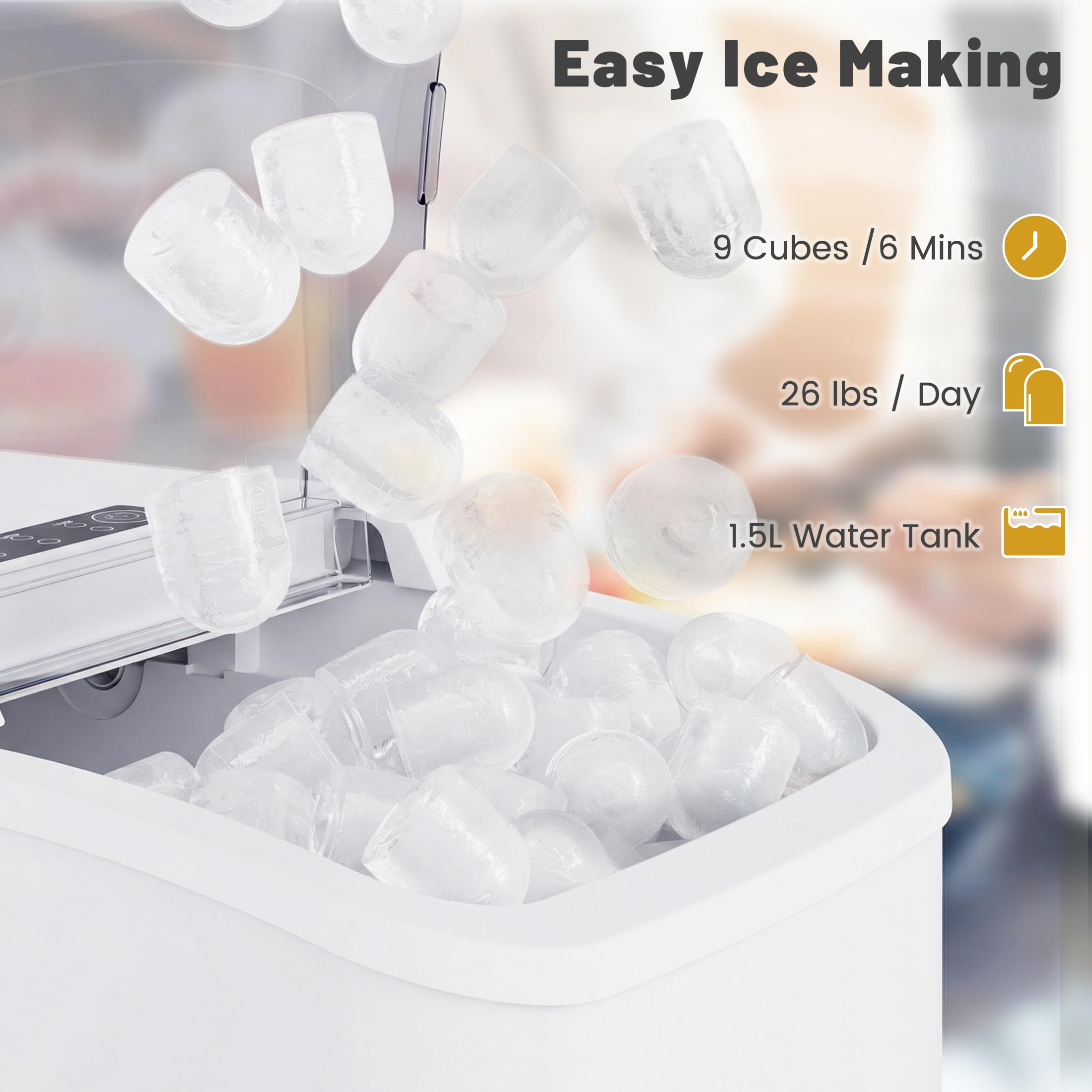 Ice Makers Countertop with Handle, Portable Ice Machine, 9 Bullet Cubes in 6 Mins, 26lbs in 24Hrs, Auto-Cleaning, with Basket and Scoop, for Home, Kitchen, RV, Camping,
