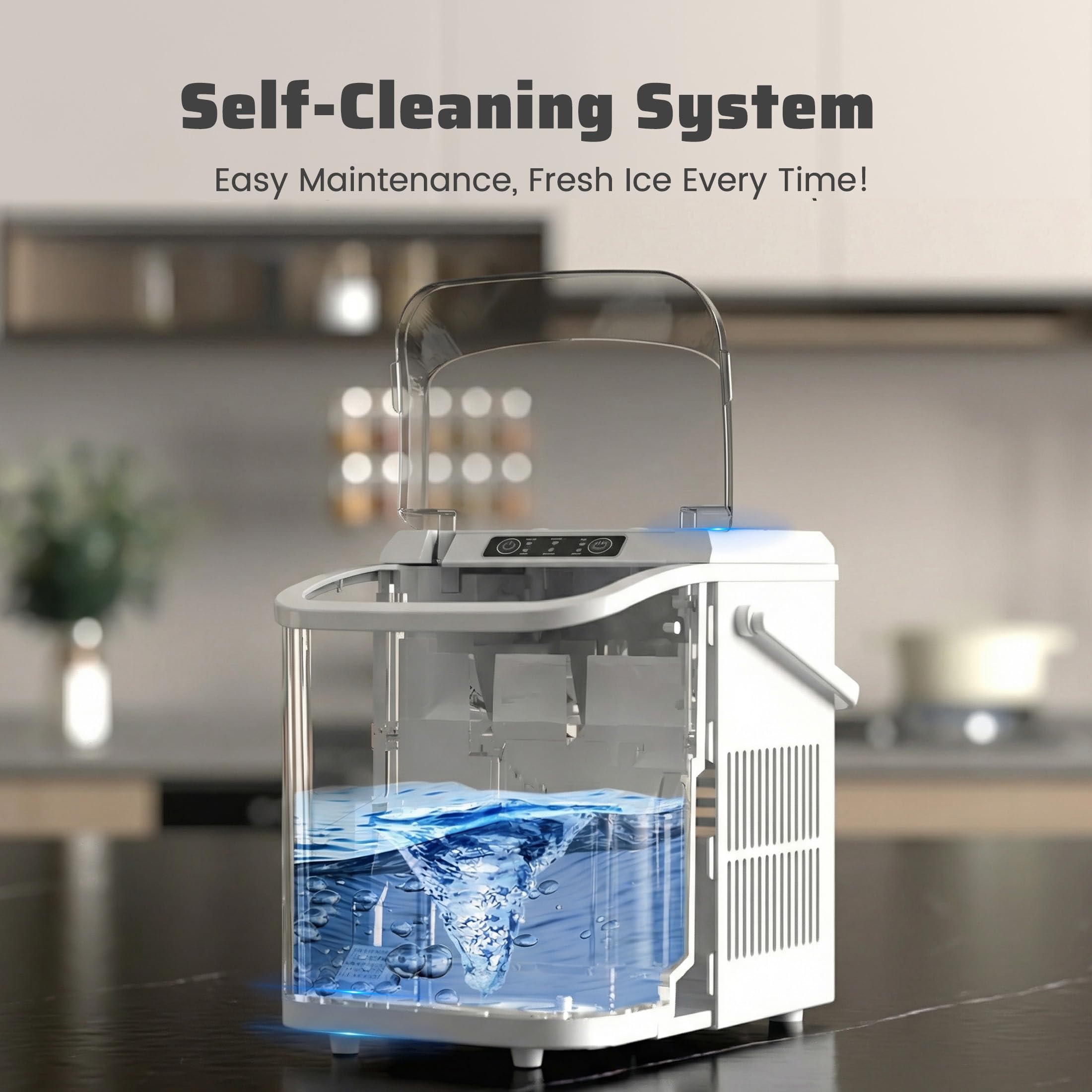 Ice Makers Countertop with Handle, Portable Ice Machine, 9 Bullet Cubes in 6 Mins, 26lbs in 24Hrs, Auto-Cleaning, with Basket and Scoop, for Home, Kitchen, RV, Camping,