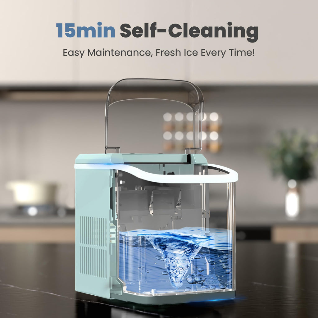 Countertop Ice Maker with Handle, 26lbs/24H Portable Ice Machine, 9 Bullet Cubes Ready in 6 Mins, Self-Cleaning, Quiet Compact for Home, Kitchen, RV, Camping,
