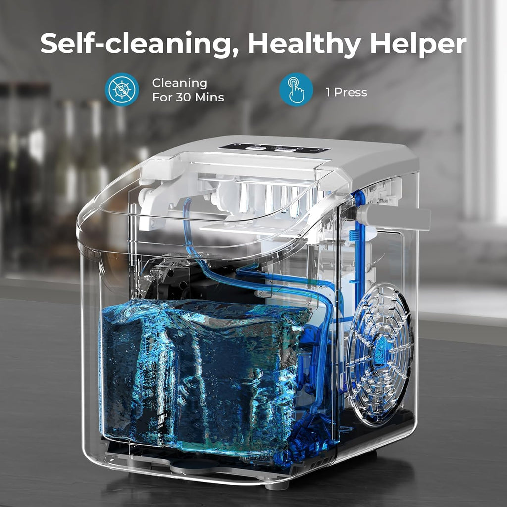 Ice Maker Machine, 8 Ice Cubes in 6 mins, 26lb/Day Bullet Ice with 2 Sizes- Portable Mini, Energy Saving & Basket/Scoop for Home/Party/Travel/Camping/Bar,Grey