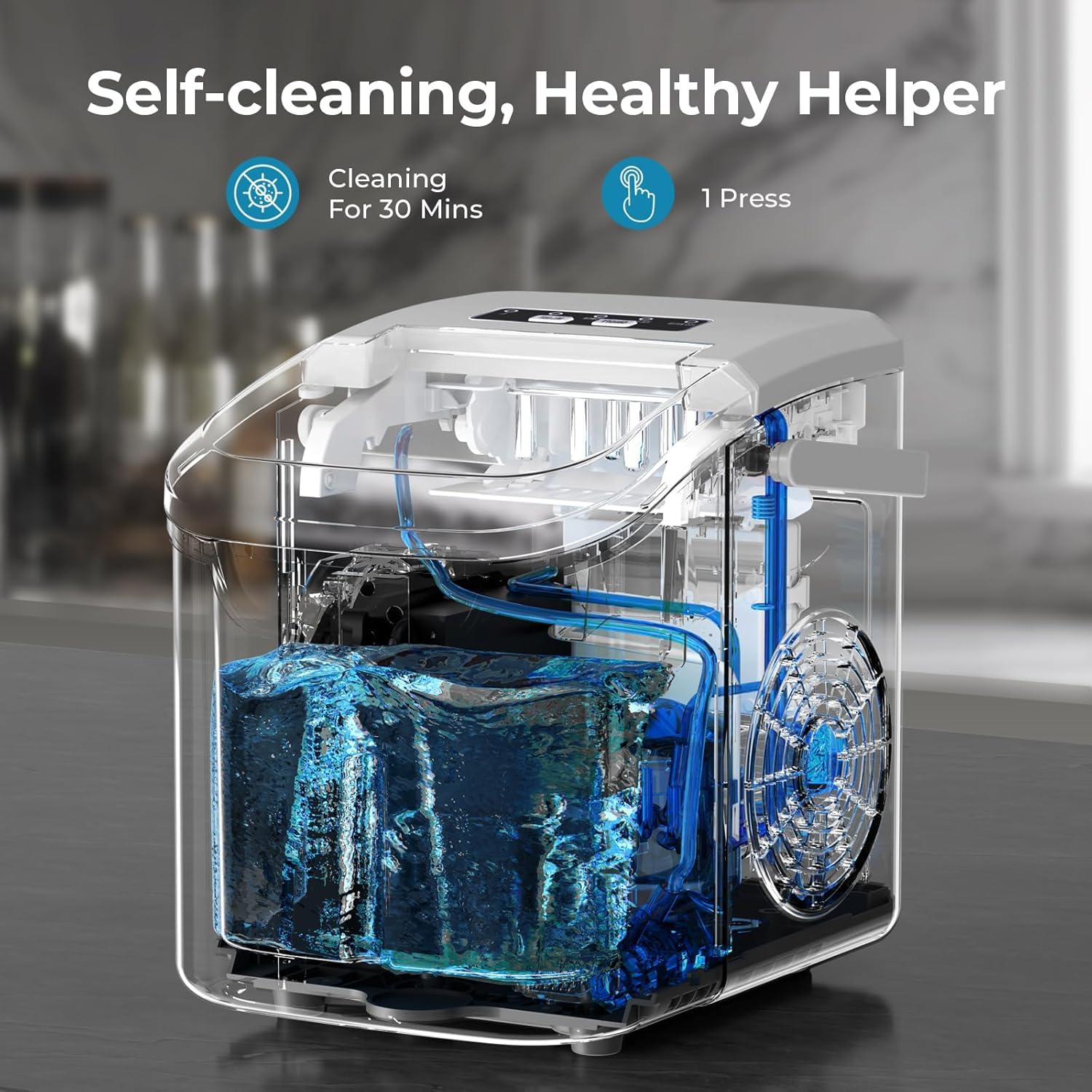 Ice Maker Machine, 8 Ice Cubes in 6 mins, 26lb/Day Bullet Ice with 2 Sizes- Portable Mini, Energy Saving & Basket/Scoop for Home/Party/Travel/Camping/Bar,Grey