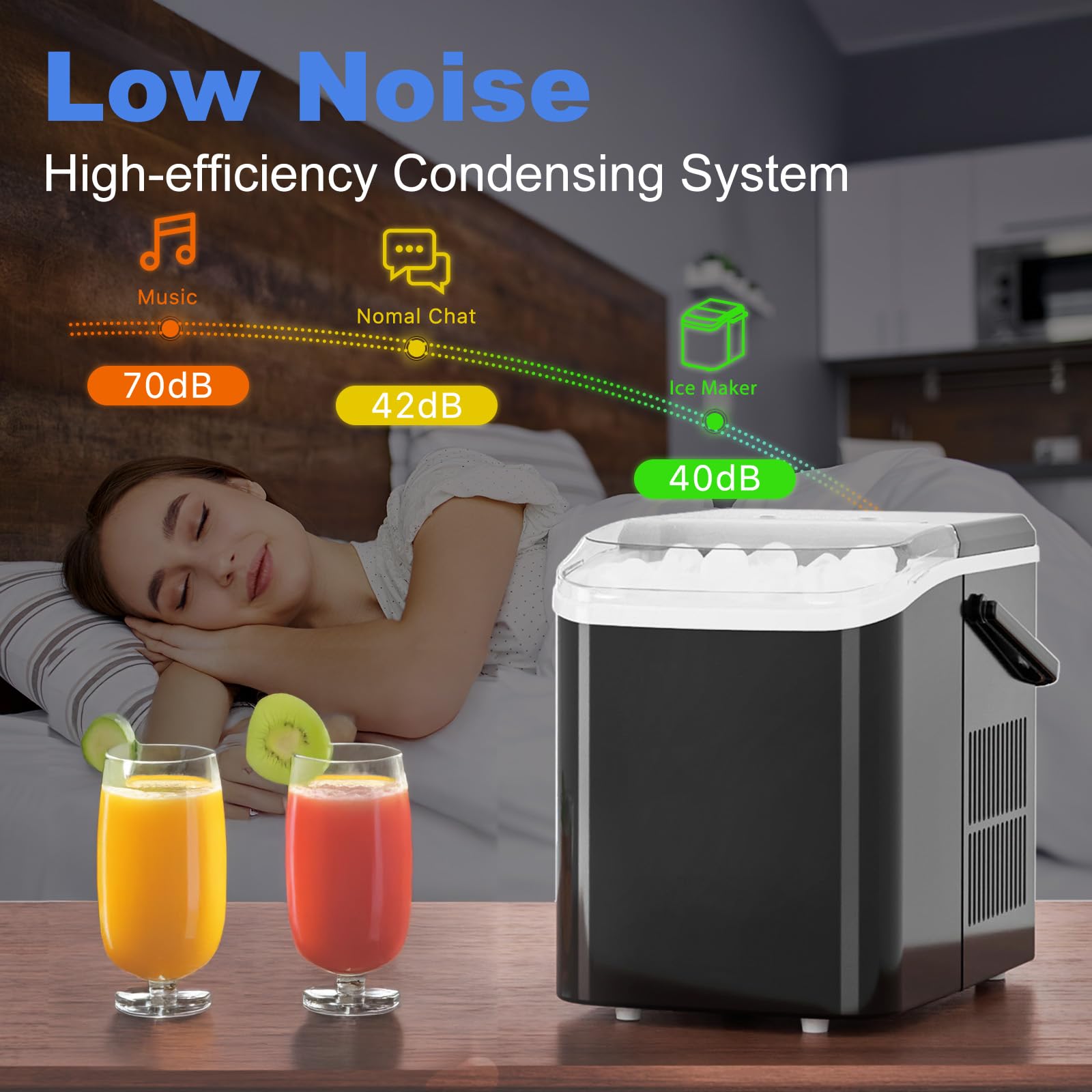 Ice Makers Countertop with Handle, Portable Ice Machine, 9 Bullet Cubes in 6 Mins, 26lbs in 24Hrs, Auto-Cleaning, with Basket and Scoop, for Home, Kitchen, RV, Camping,