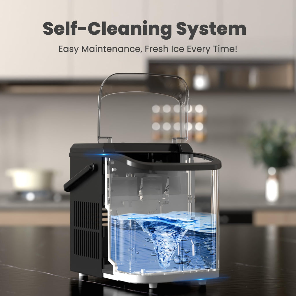 Countertop Ice Maker with Handle, 26lbs/24H Portable Ice Machine, 9 Bullet Ice Cubes Ready in 6 Mins, Self-Cleaning, Quiet Compact Ice Maker for Home, Kitchen, RV, Camping