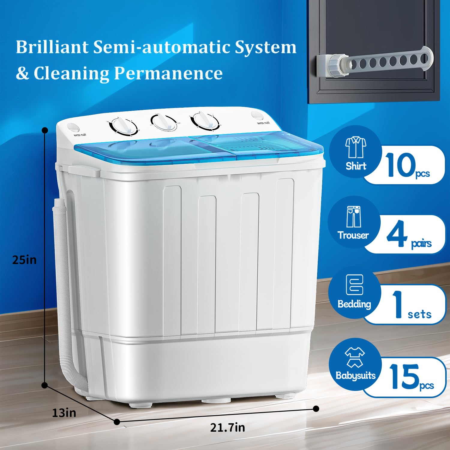 Portable Twin Tub 18lbs Washing Machine with Drying Rack and 10 Hangers, 11lbs Washer Mini Compact Laundry Machine with 7lbs Spinner, Semi-automatic Washer Combo for Dorms, Apartment