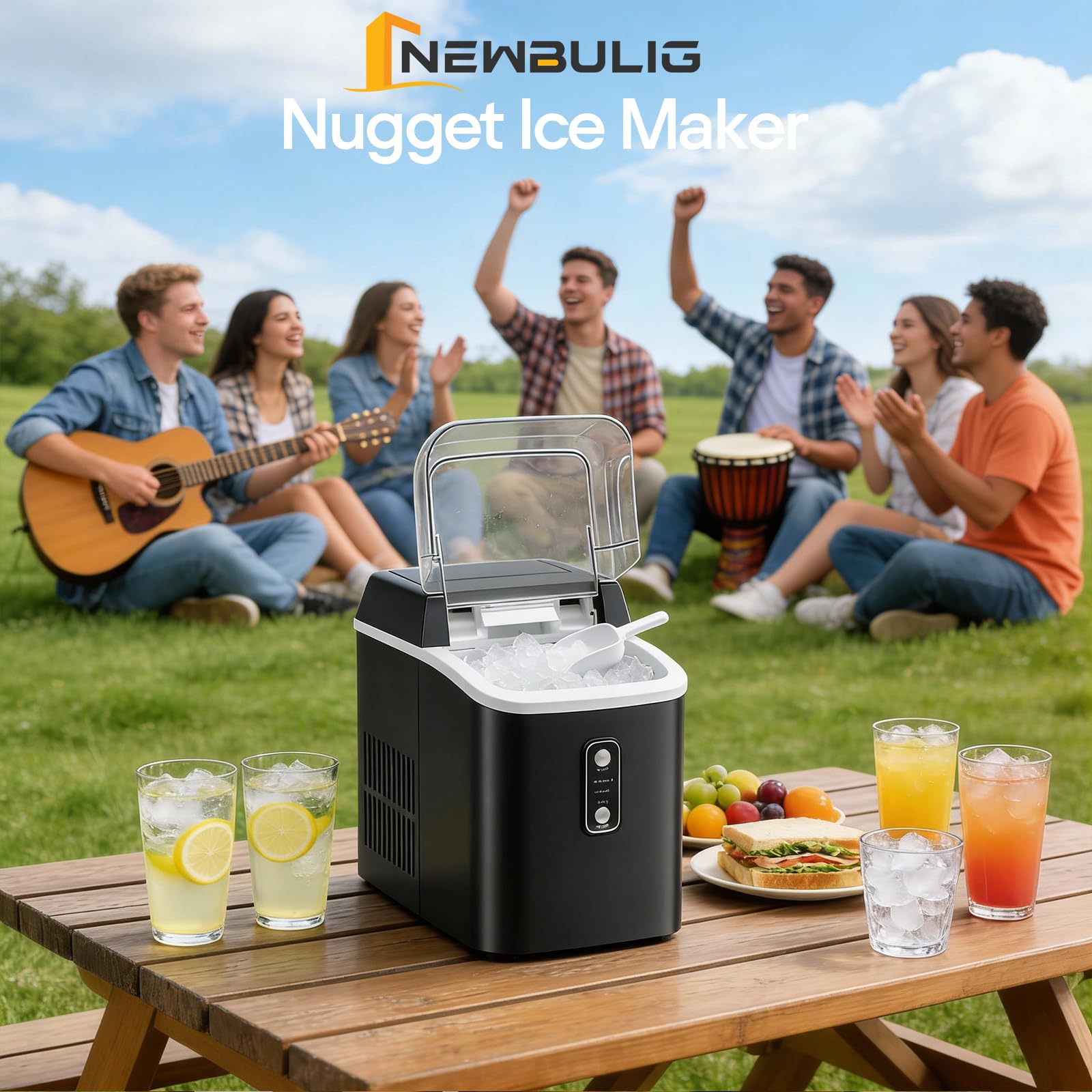 Nugget Ice Makers Countertop, Portable Nugget Ice Machine, Ready in 6 Mins, 24lbs in 24Hrs, Auto-Cleaning, with Basket and Scoop, for Home, Kitchen, RV, Camping, Black