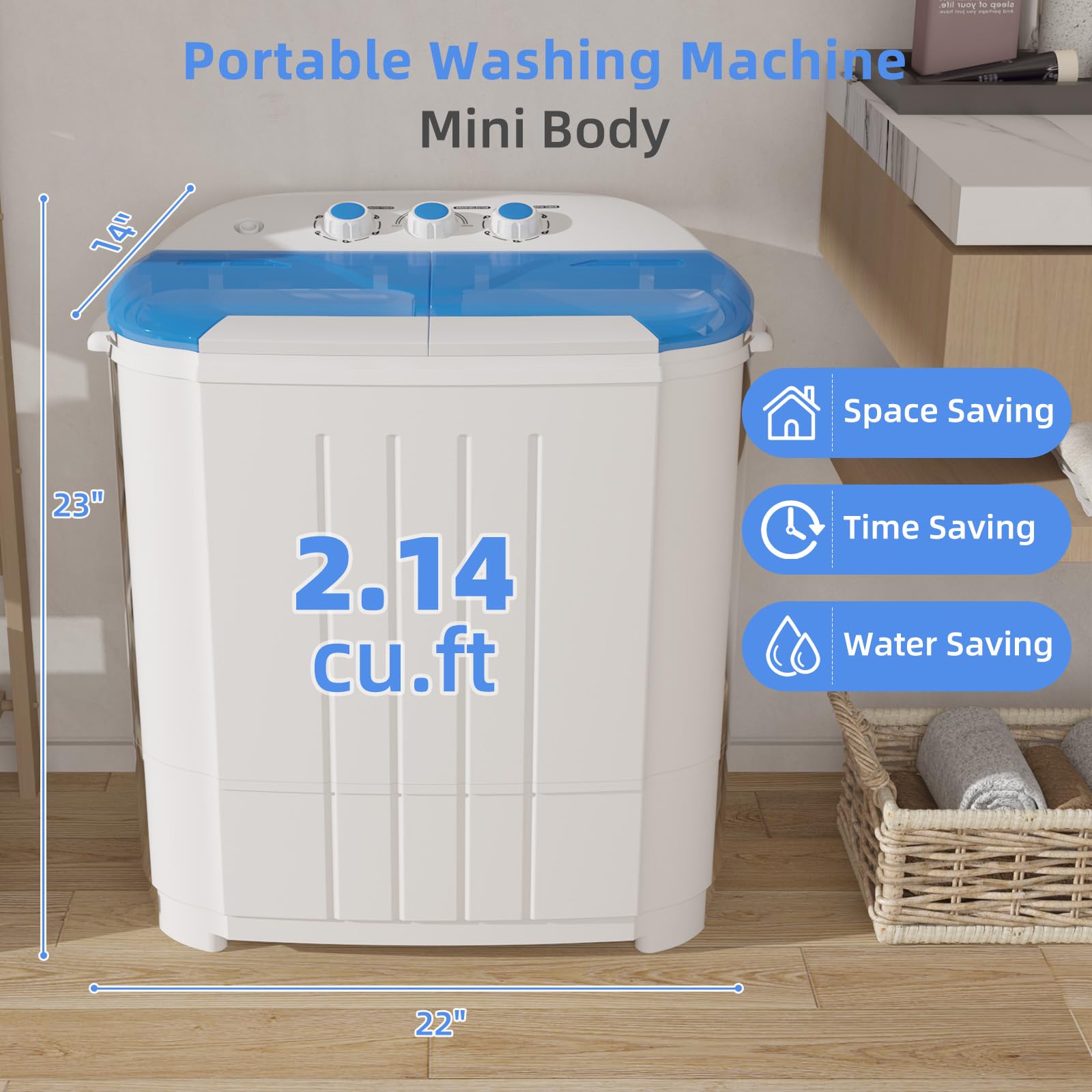 Portable Washing Machine, Twin Tub Washing Machine Laundry Compact Washer spinner Combo with 14lbs capacity, 9Lbs Washer and 5Lbs Spinner dryer for Apartments RVs and Dorms