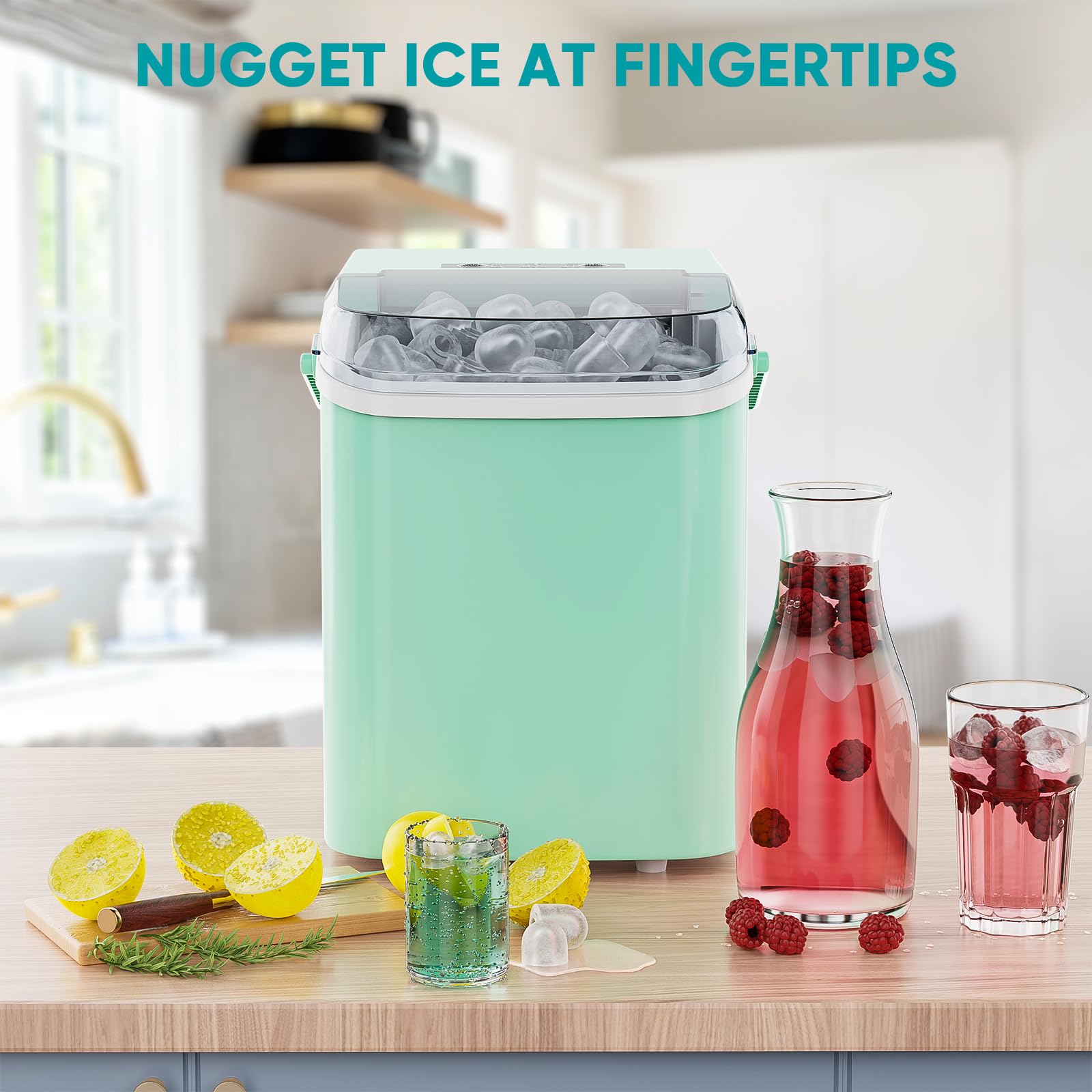 Ice Makers Countertop with Handle, Portable Ice Machine, 9 Bullet Cubes in 6 Mins, 26lbs in 24Hrs, Auto-Cleaning, with Basket and Scoop, for Home, Kitchen, RV, Camping,