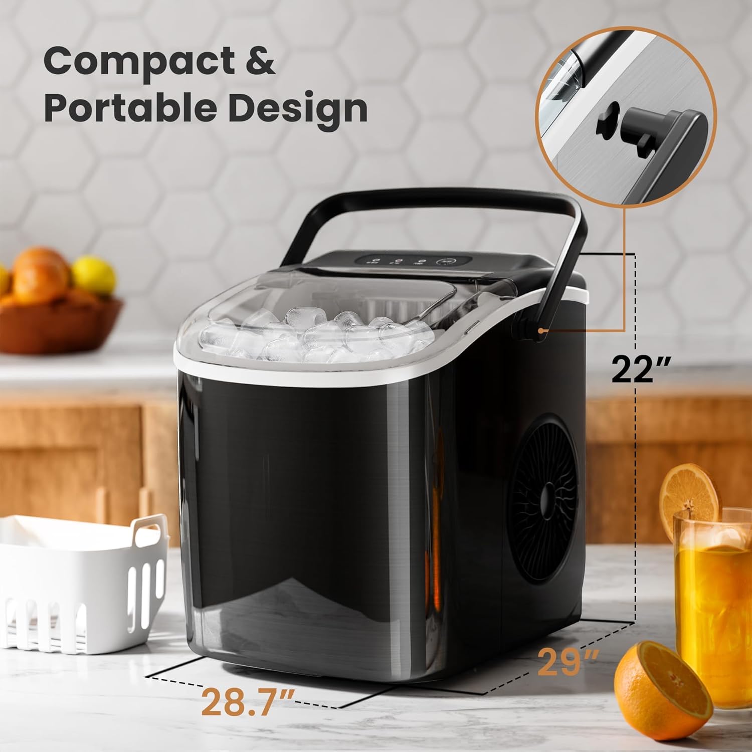 Ice Makers Countertop with Handle, 2 Sizes of Ice, 9 Bullet Ice Cubes in 6 Mins, 26Lbs/24H, Portable Ice Maker with Self-Cleaning, Ice Machine for Home&Kitchen&Office&Party