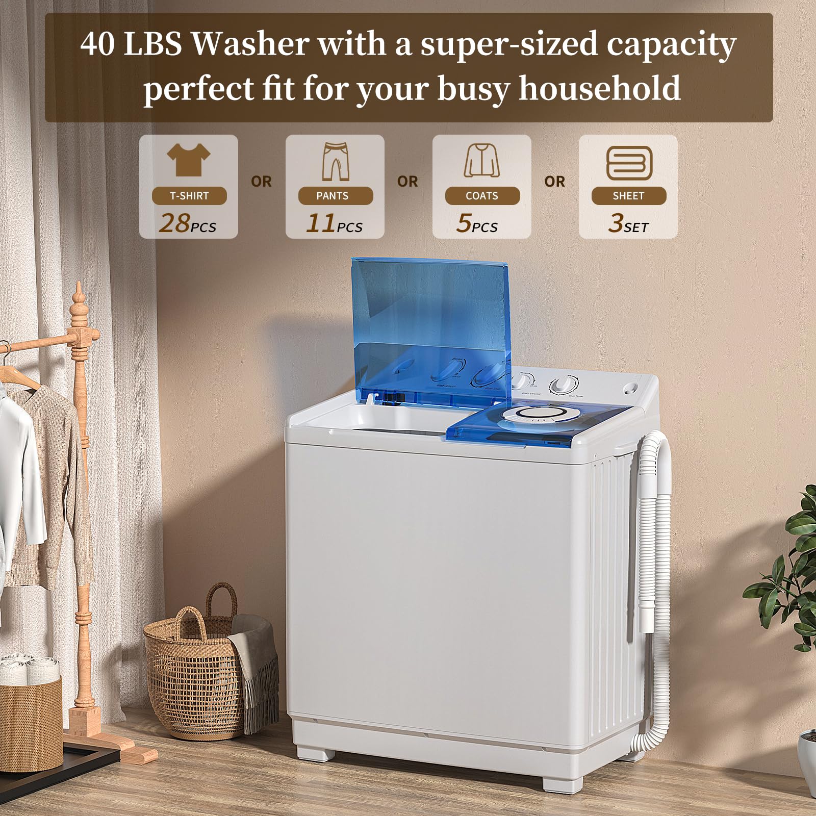 Portable Washing Machine, Twin Tub Washing Machine Laundry Compact Washer spinner Combo with 14lbs capacity, 9Lbs Washer and 5Lbs Spinner dryer for Apartments RVs and Dorms