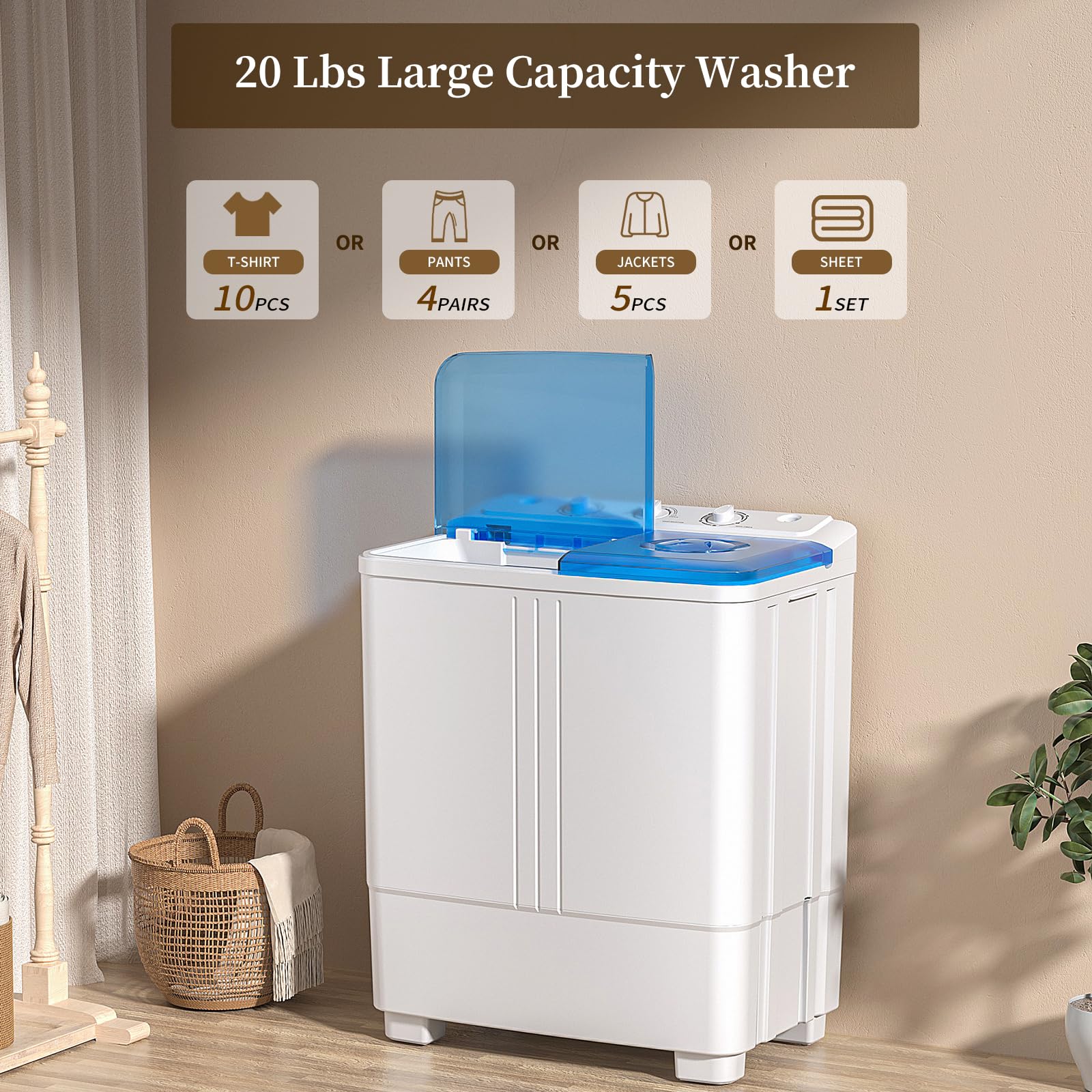 Portable Washing Machine, Twin Tub Washing Machine Laundry Compact Washer spinner Combo with 14lbs capacity, 9Lbs Washer and 5Lbs Spinner dryer for Apartments RVs and Dorms