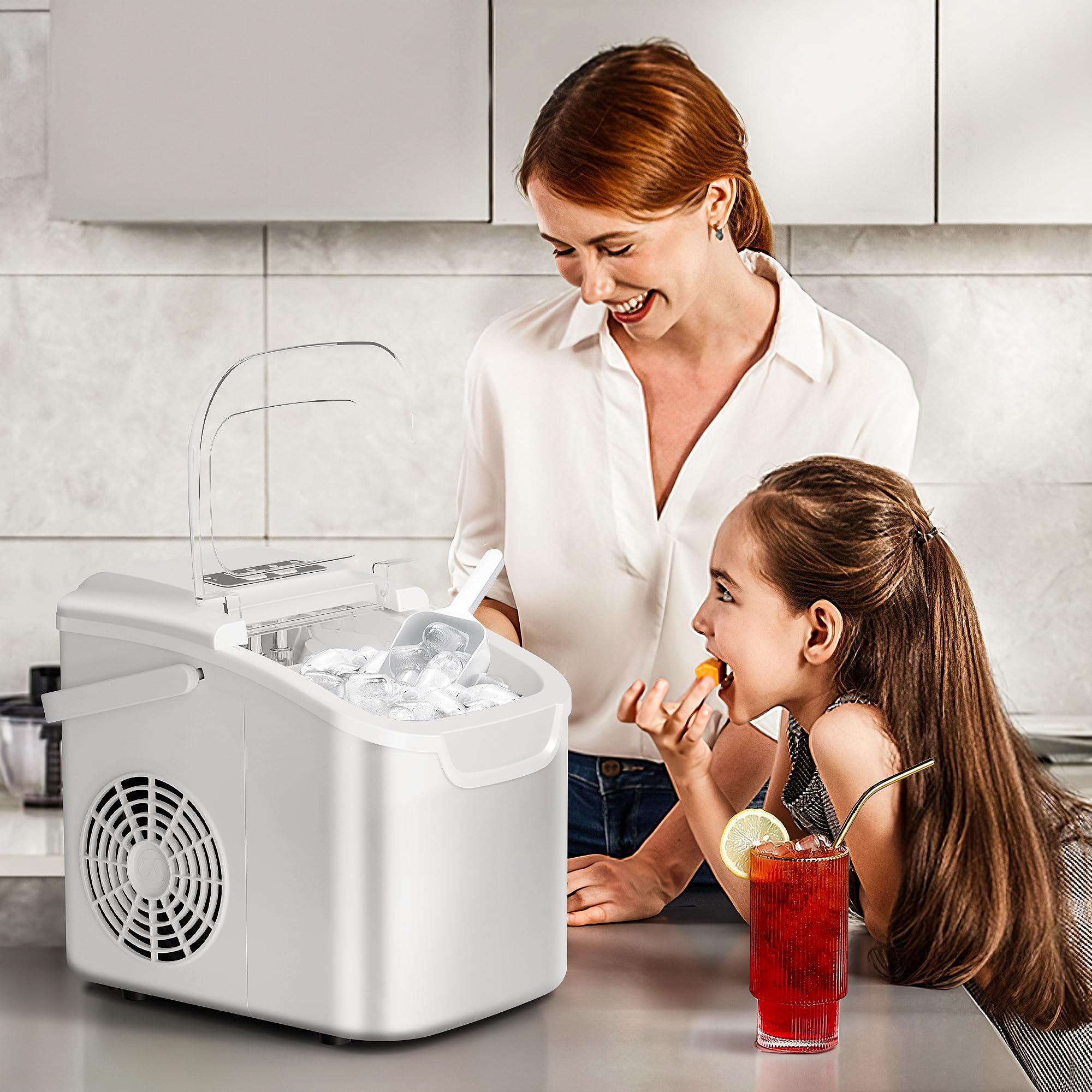 Ice Makers Countertop with Handle, 2 Sizes of Ice, 9 Bullet Ice Cubes in 6 Mins, 26Lbs/24H, Portable Ice Maker with Self-Cleaning, Ice Machine for Home&Kitchen&Office&Party
