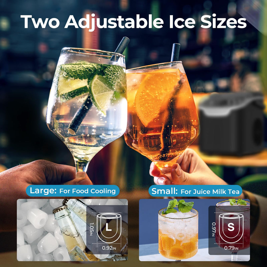 Ice Maker Machine, 8 Ice Cubes in 6 mins, 26lb/Day Bullet Ice with 2 Sizes- Portable Mini, Energy Saving & Basket/Scoop for Home/Party/Travel/Camping/Bar,Grey