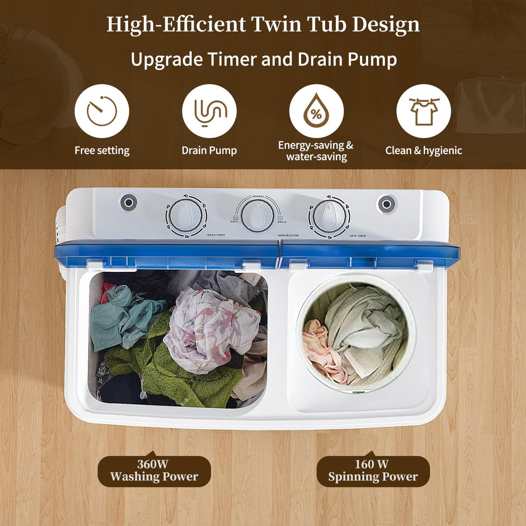 Portable Washing Machine, Twin Tub Washing Machine Laundry Compact Washer spinner Combo with 14lbs capacity, 9Lbs Washer and 5Lbs Spinner dryer for Apartments RVs and Dorms