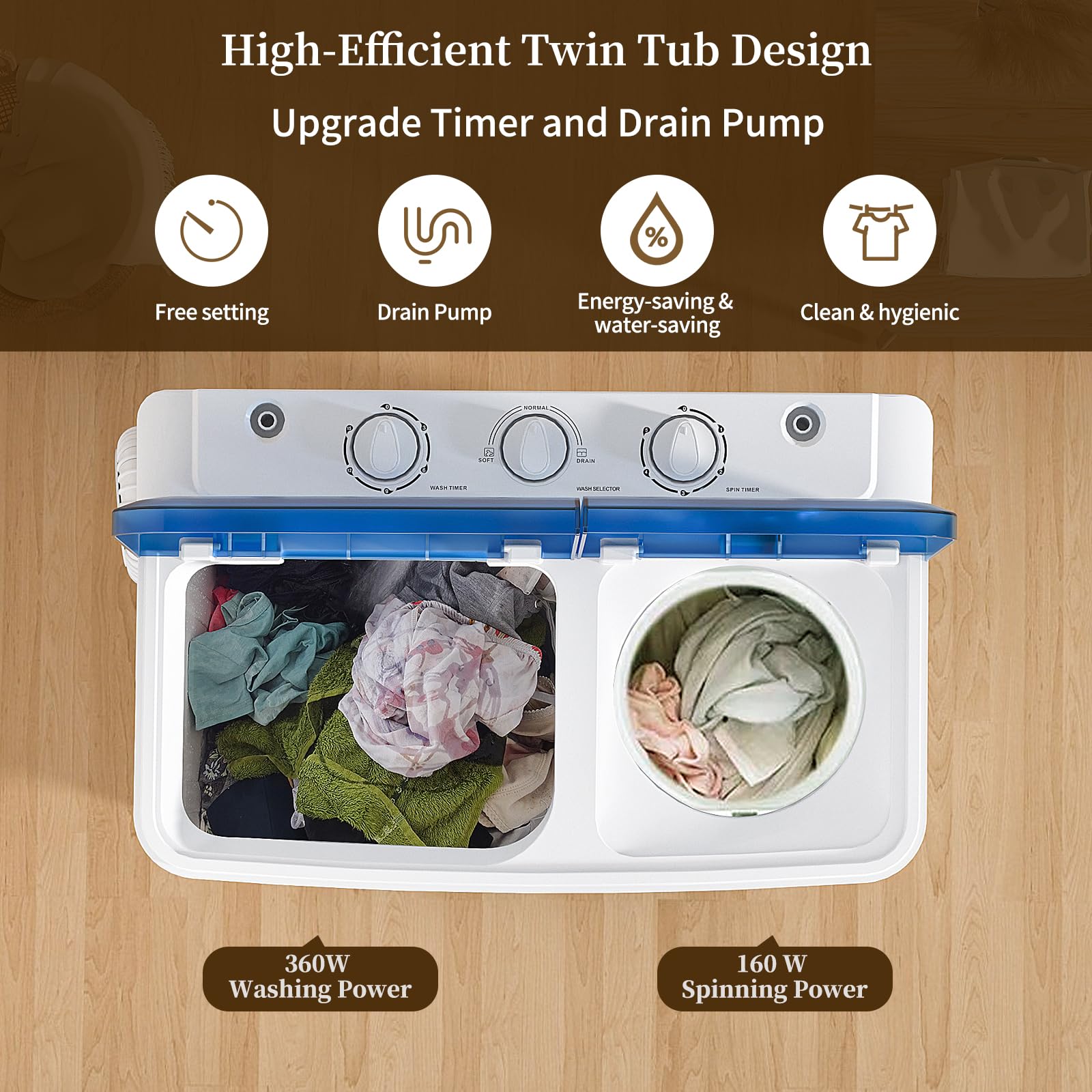 Portable Washing Machine, Twin Tub Washing Machine Laundry Compact Washer spinner Combo with 14lbs capacity, 9Lbs Washer and 5Lbs Spinner dryer for Apartments RVs and Dorms