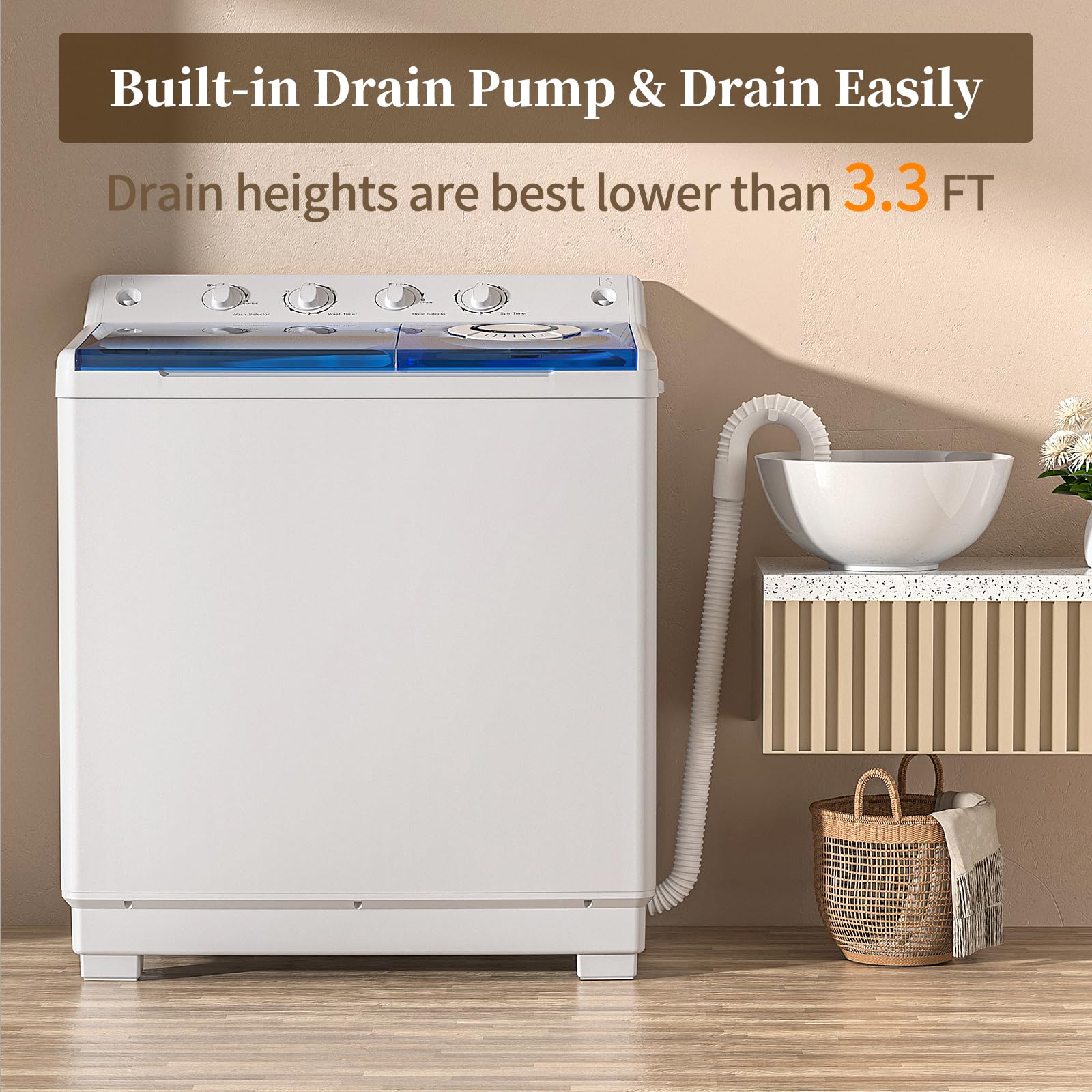 Portable Washing Machine, Twin Tub Washing Machine Laundry Compact Washer spinner Combo with 14lbs capacity, 9Lbs Washer and 5Lbs Spinner dryer for Apartments RVs and Dorms