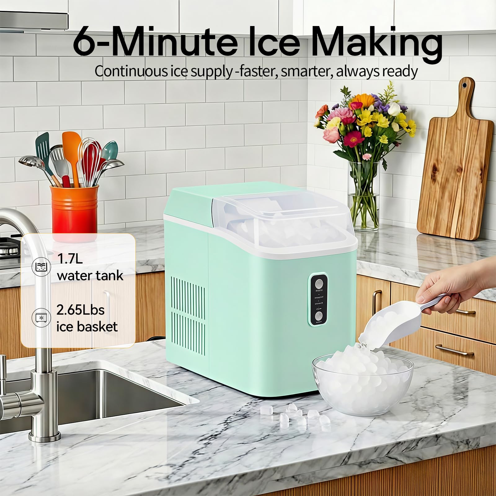 Nugget Ice Makers Countertop, Portable Nugget Ice Machine, Ready in 6 Mins, 24lbs in 24Hrs, Auto-Cleaning, with Basket and Scoop, for Home, Kitchen, RV, Camping, Black