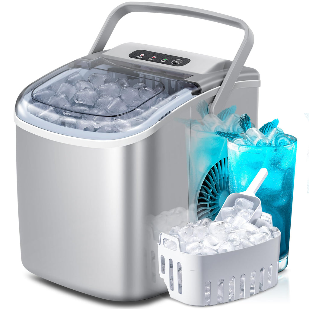 Ice Makers Countertop with Handle, 2 Sizes of Ice, 9 Bullet Ice Cubes in 6 Mins, 26Lbs/24H, Portable Ice Maker with Self-Cleaning, Ice Machine for Home&Kitchen&Office&Party