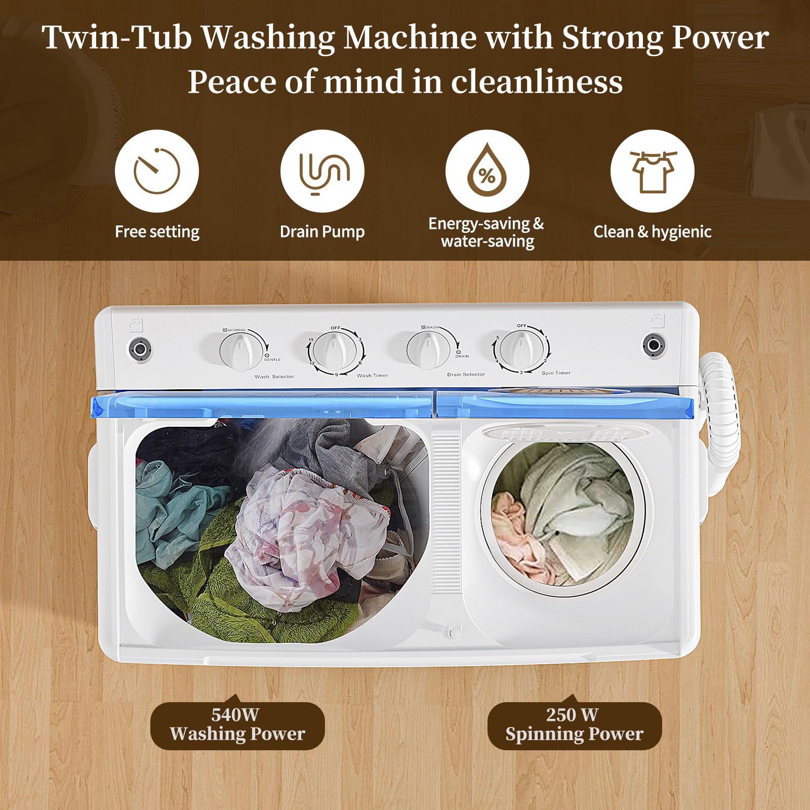 Portable Washing Machine, Twin Tub Washing Machine Laundry Compact Washer spinner Combo with 14lbs capacity, 9Lbs Washer and 5Lbs Spinner dryer for Apartments RVs and Dorms